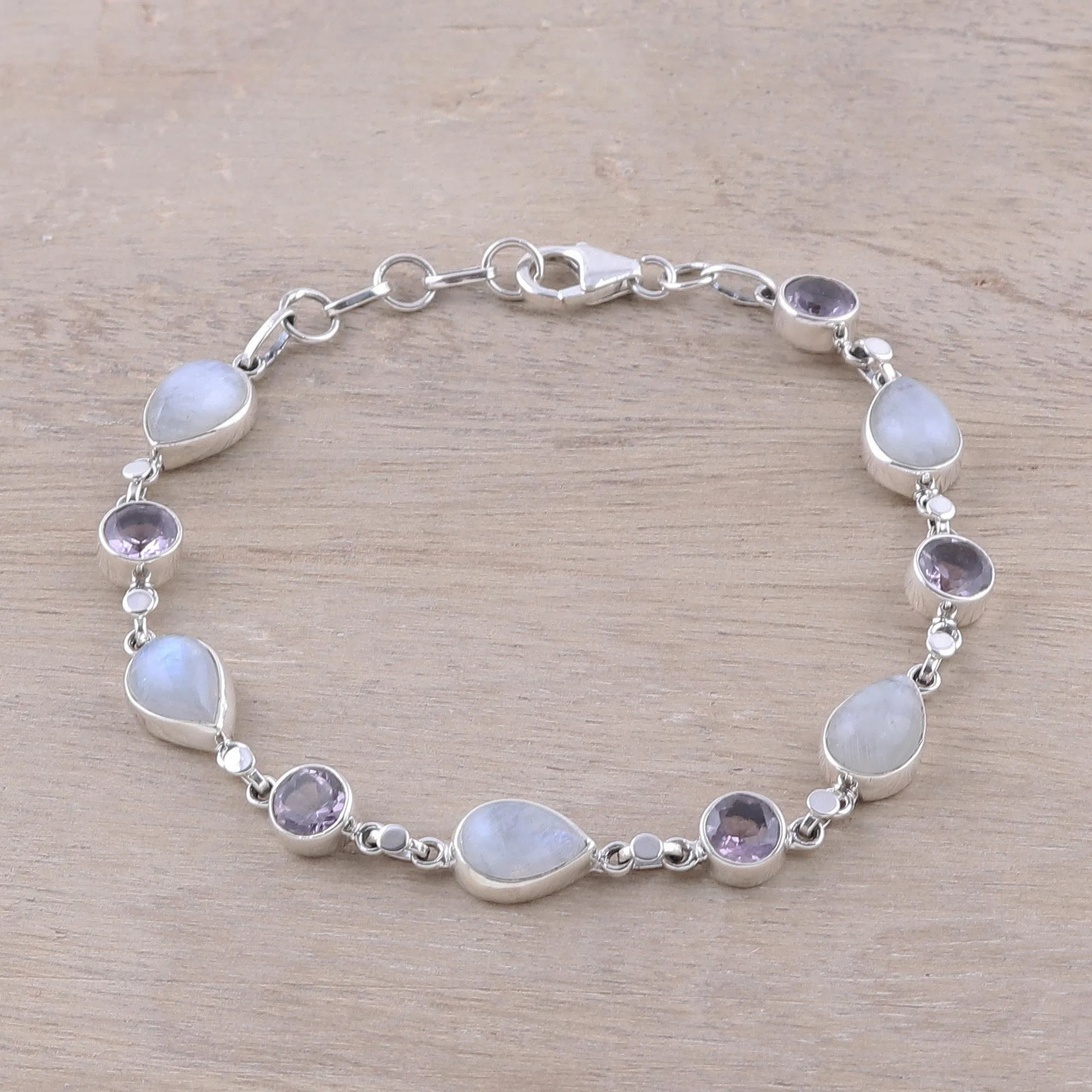Misty Lilac Handmade Amethyst Rainbow Moonstone Link Bracelet from India