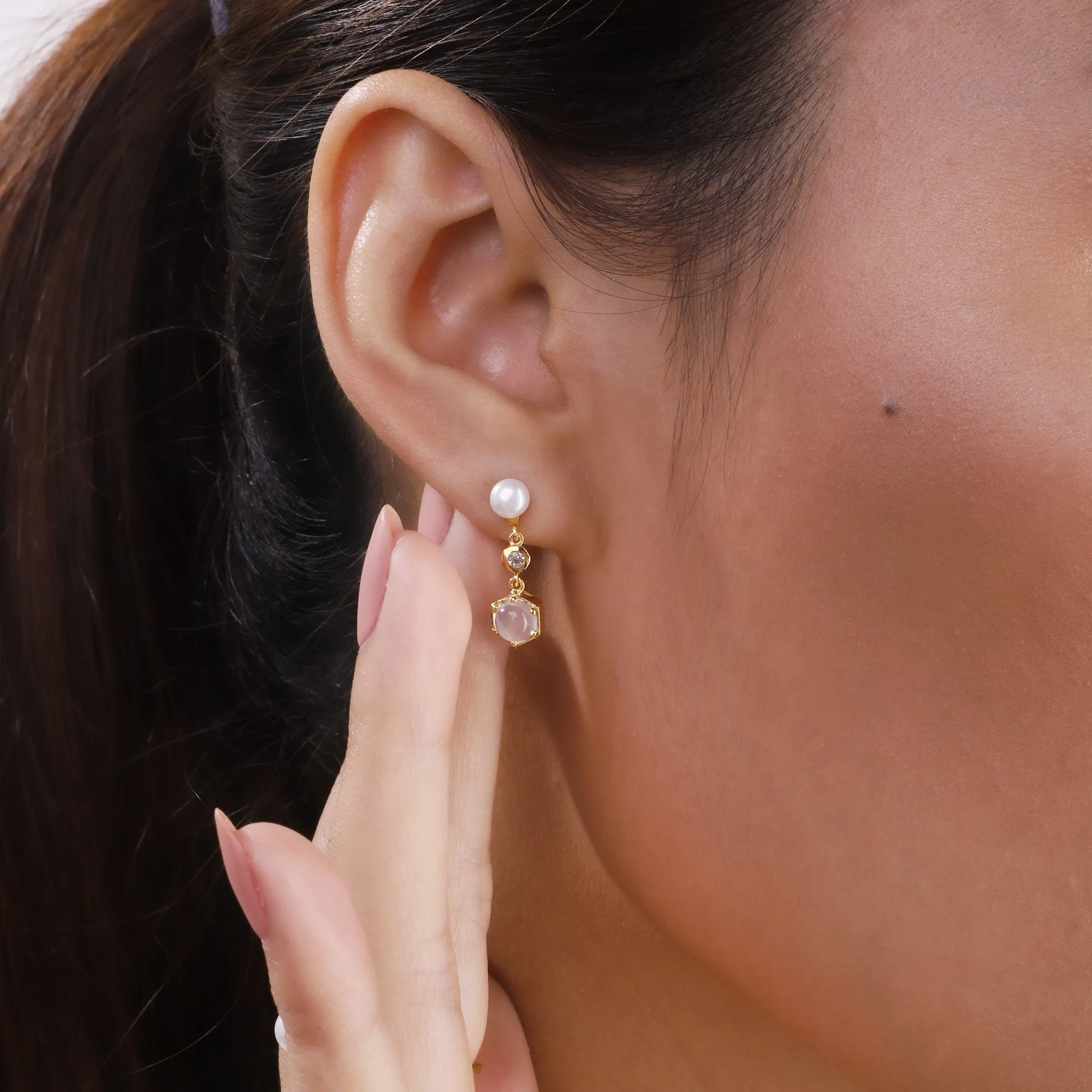 Moderne Perle, Mondstein & Topas Asymmetrische Tropfen Ohrringe in Vergoldetem Sterling Silber
