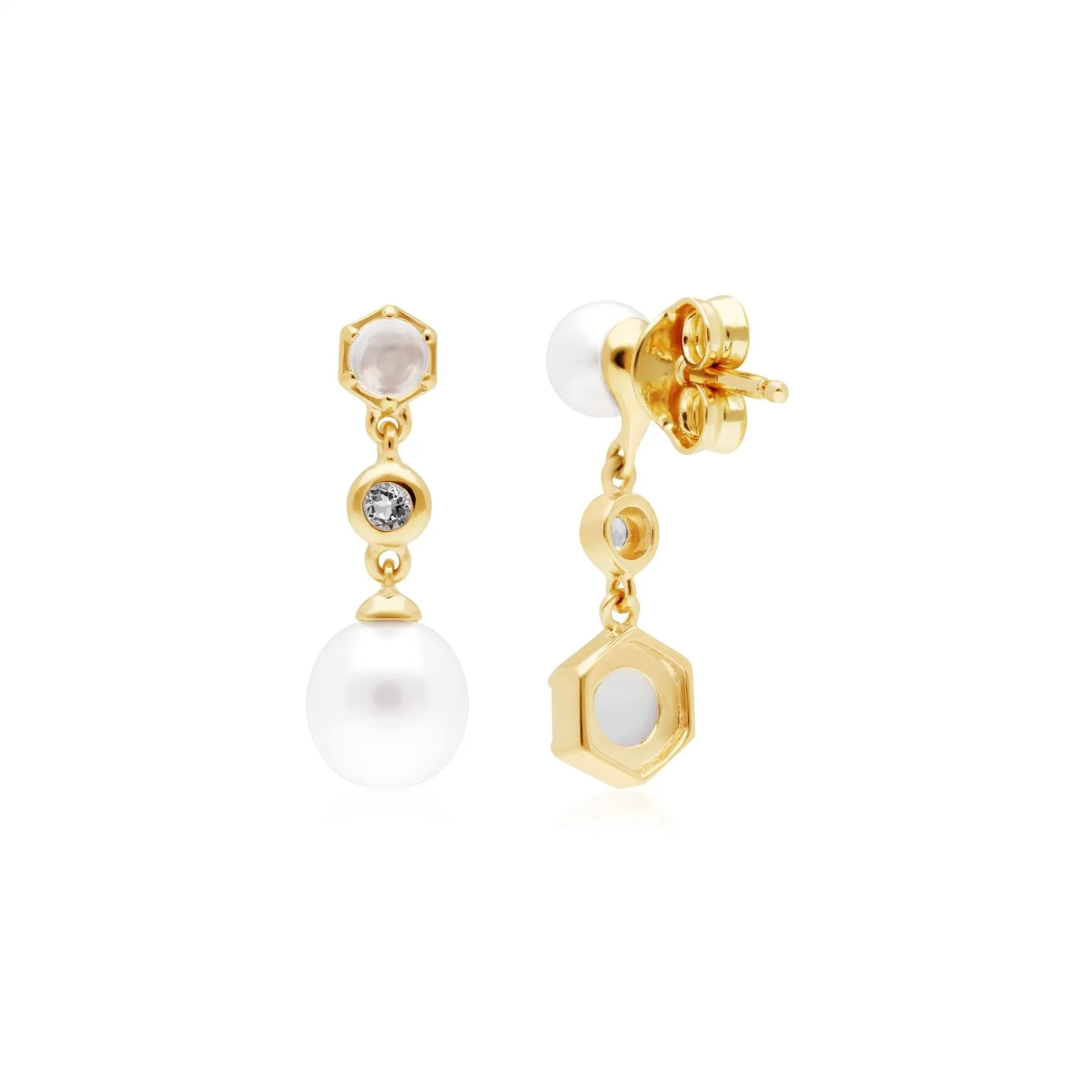 Moderne Perle, Mondstein & Topas Asymmetrische Tropfen Ohrringe in Vergoldetem Sterling Silber