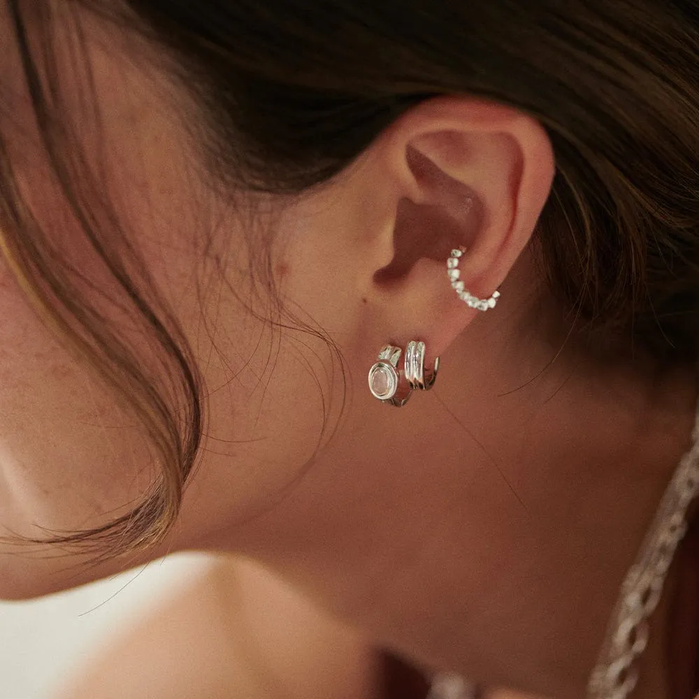 Moonstone Huggie Hoop Earrings Sterling Silver