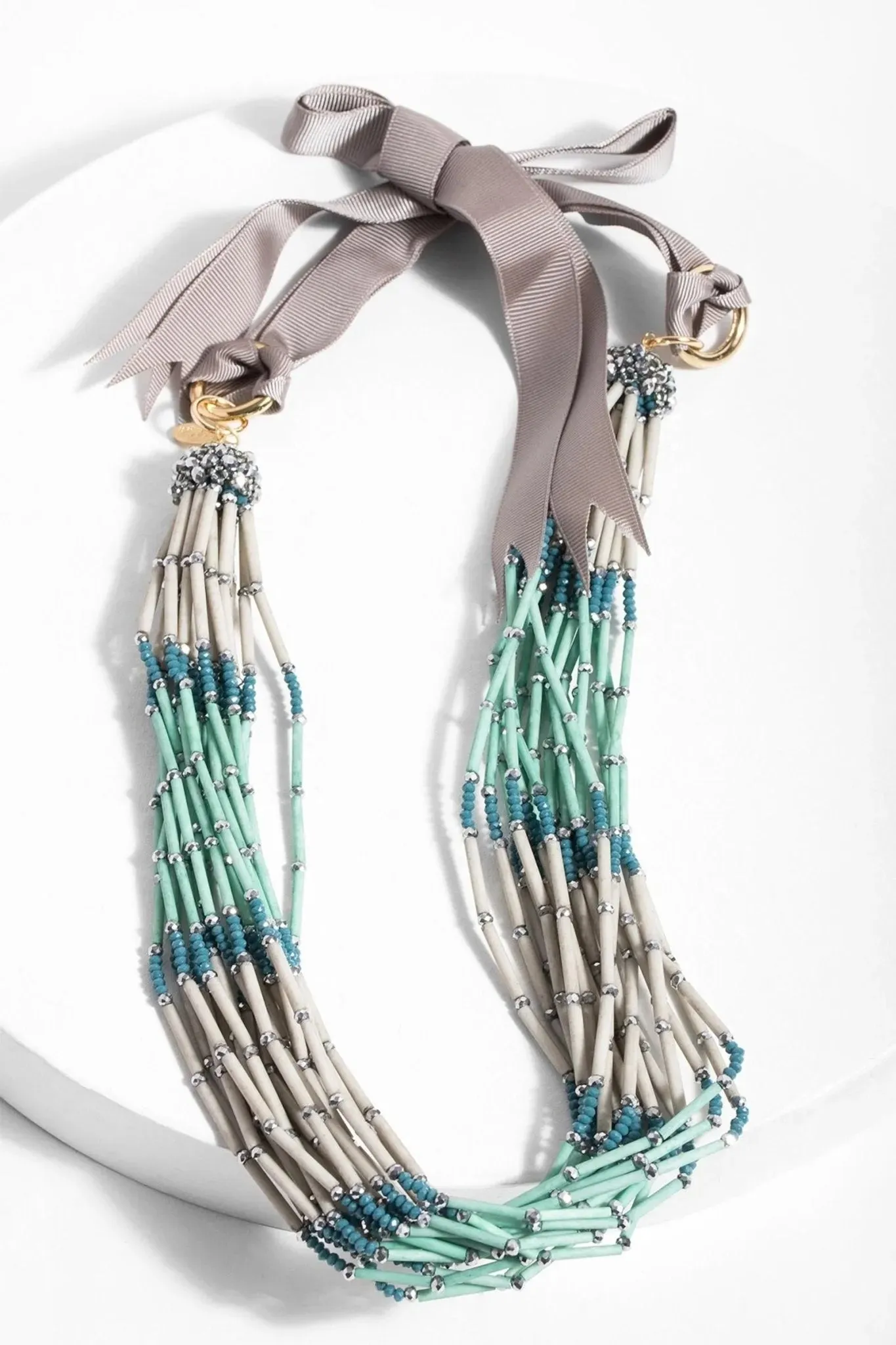 Multi Beaded Strand Statement Necklace With Ribbon Tie