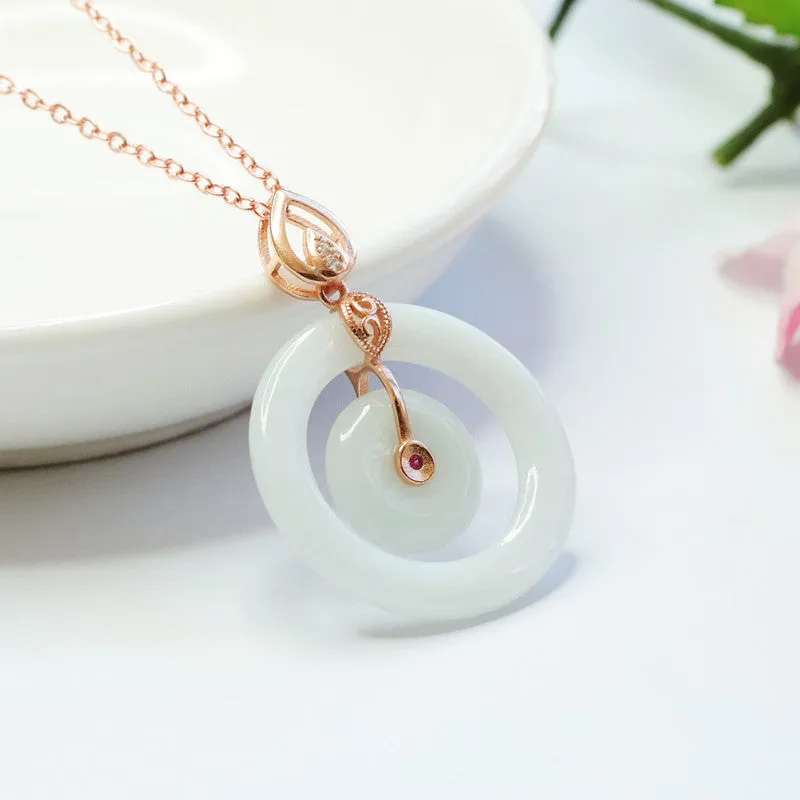 Myanmar Jade Necklace Double Circle Sterling Silver Pendant