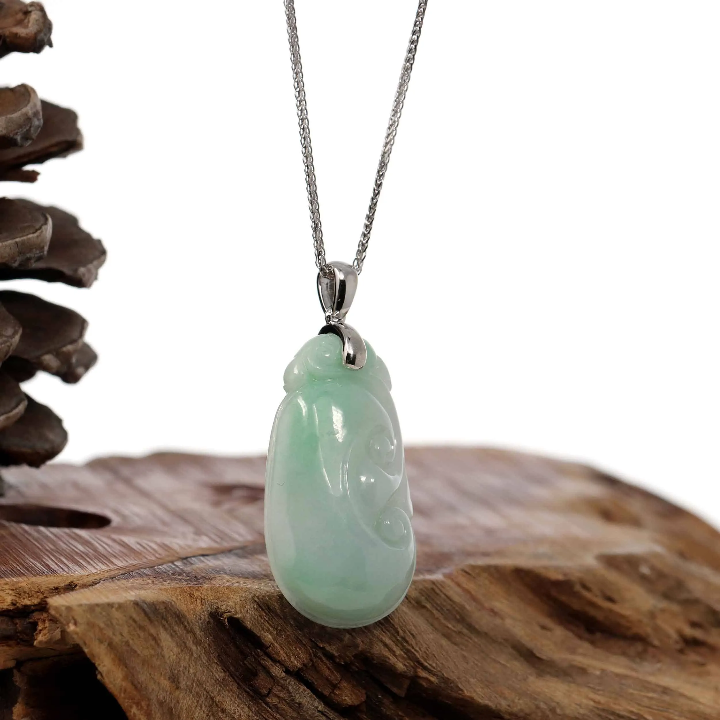 Natural Light Green Jadeite Jade Ru Yi Pendant Necklace With Sterling Silver Bail