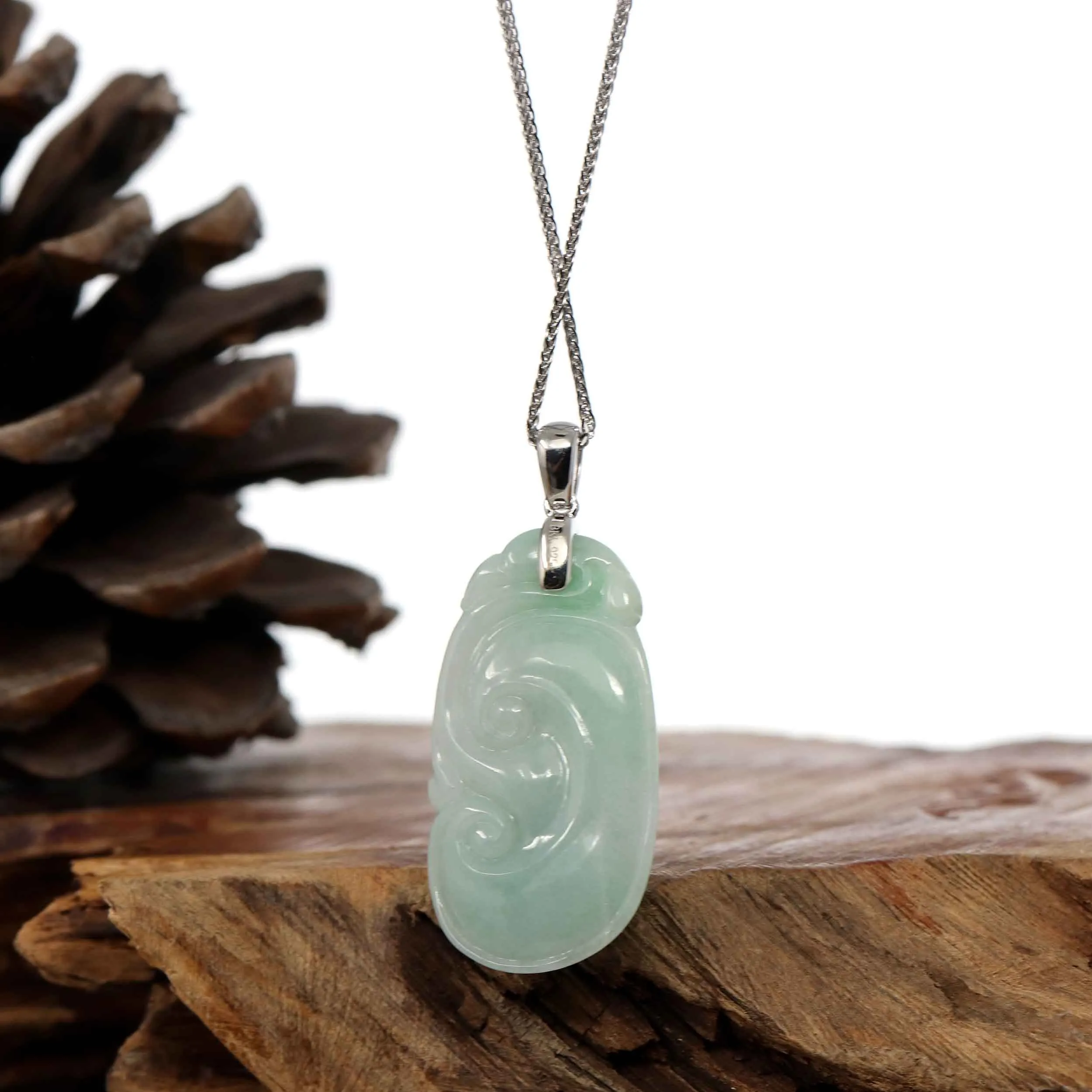 Natural Light Green Jadeite Jade Ru Yi Pendant Necklace With Sterling Silver Bail