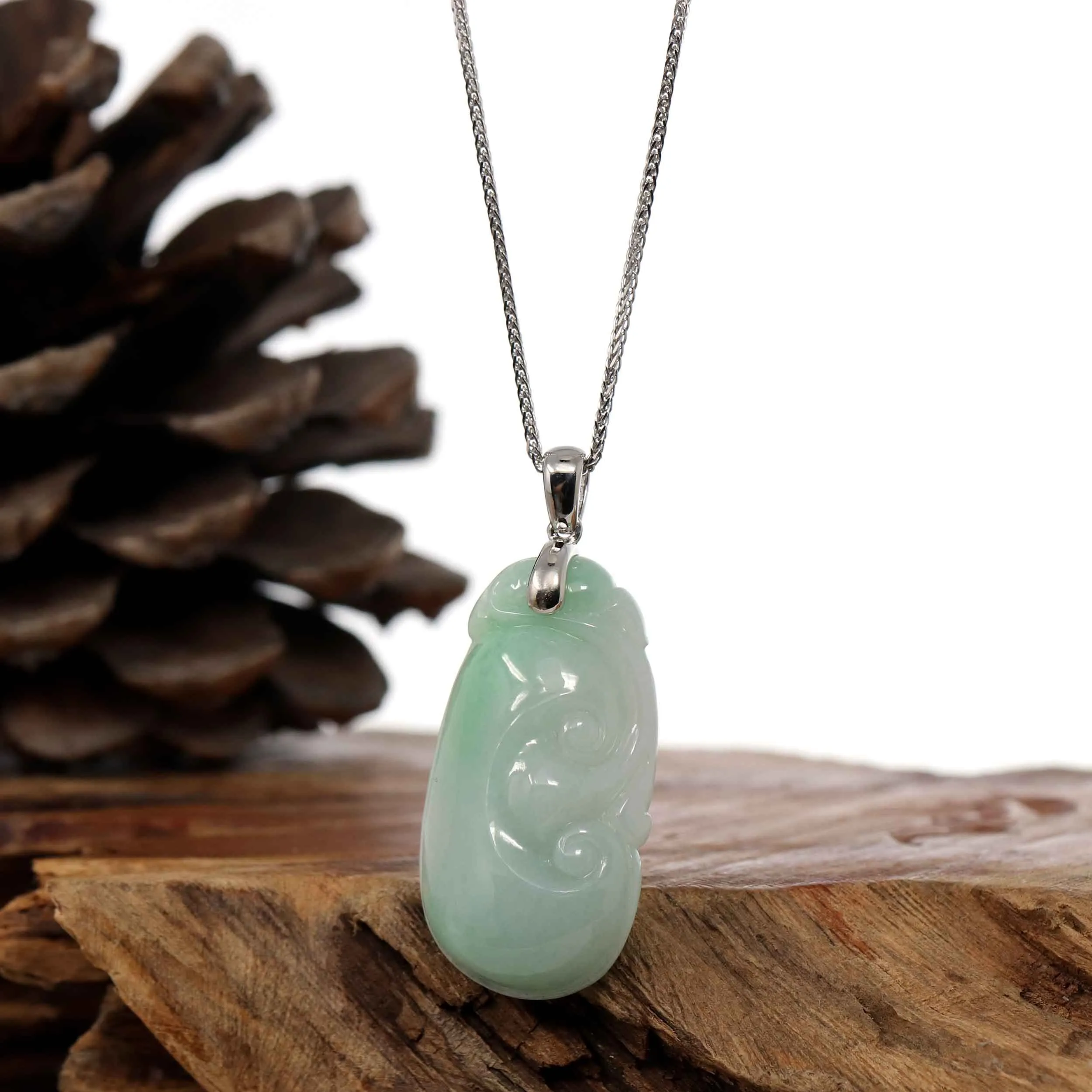 Natural Light Green Jadeite Jade Ru Yi Pendant Necklace With Sterling Silver Bail