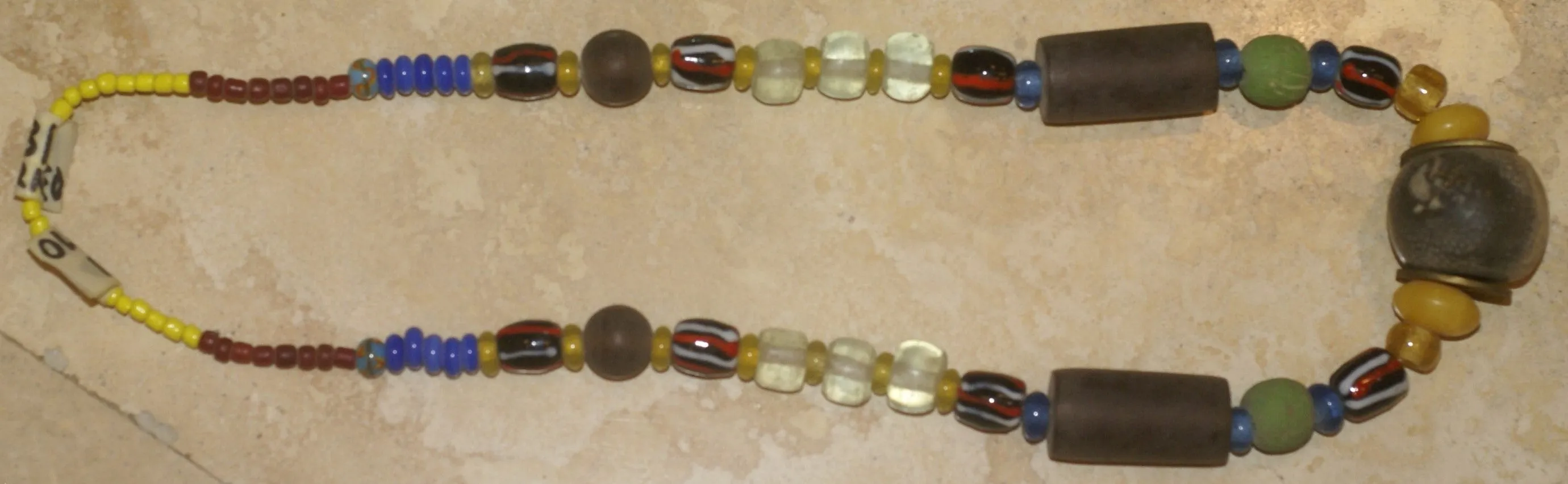 Old Rare Tribal Ethnic Dayak Iban Tribe Talisman Necklace: Antique Hand Crafted Magical Lukut Sekala , Glass, Pottery and Stone Beads, Amber beads, Chinese Coins, collected in 1980’s Borneo Aristocrat Owner, Indonesia. NB1
