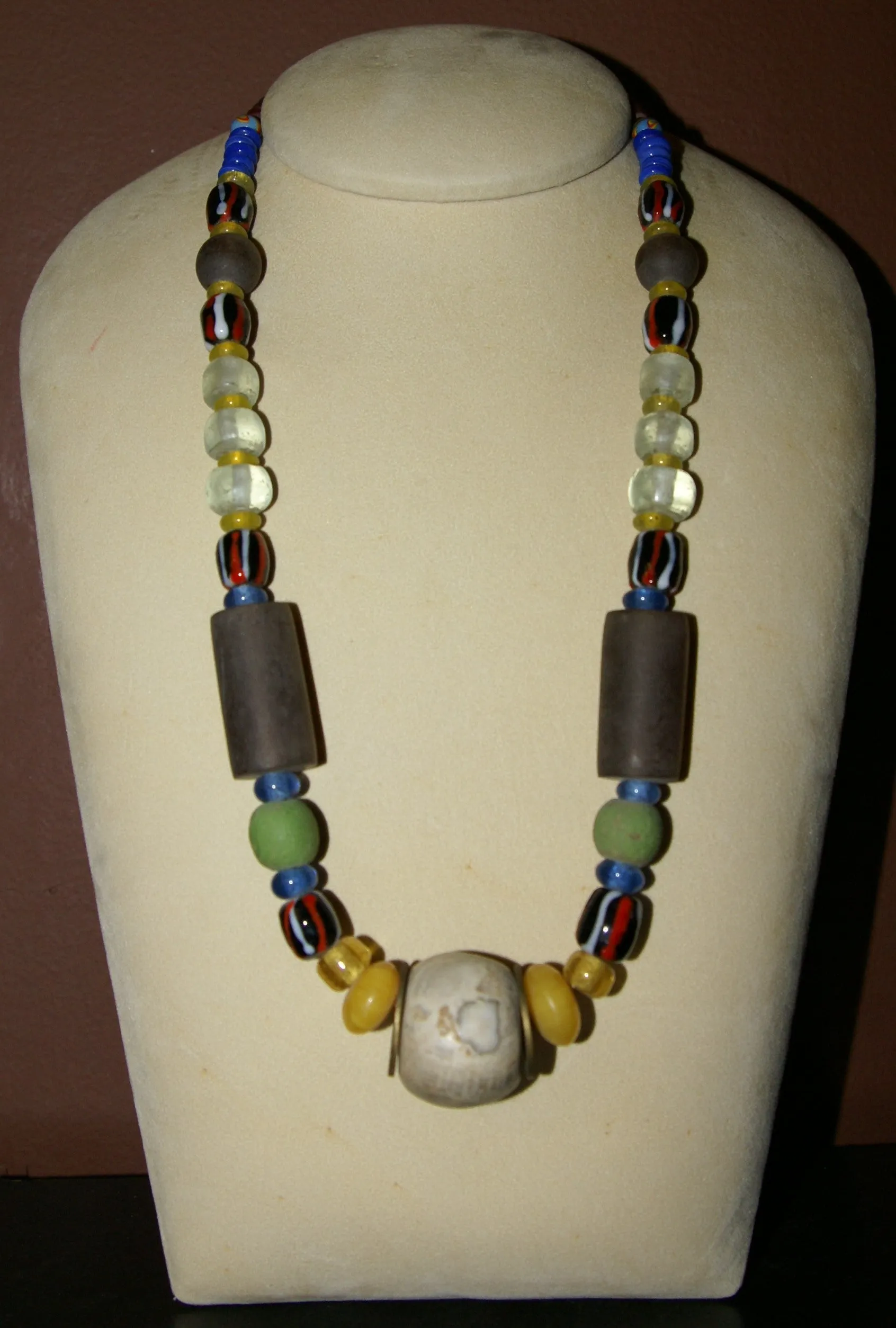 Old Rare Tribal Ethnic Dayak Iban Tribe Talisman Necklace: Antique Hand Crafted Magical Lukut Sekala , Glass, Pottery and Stone Beads, Amber beads, Chinese Coins, collected in 1980’s Borneo Aristocrat Owner, Indonesia. NB1
