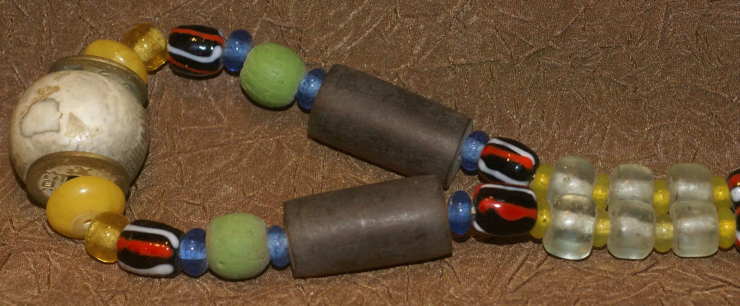 Old Rare Tribal Ethnic Dayak Iban Tribe Talisman Necklace: Antique Hand Crafted Magical Lukut Sekala , Glass, Pottery and Stone Beads, Amber beads, Chinese Coins, collected in 1980’s Borneo Aristocrat Owner, Indonesia. NB1