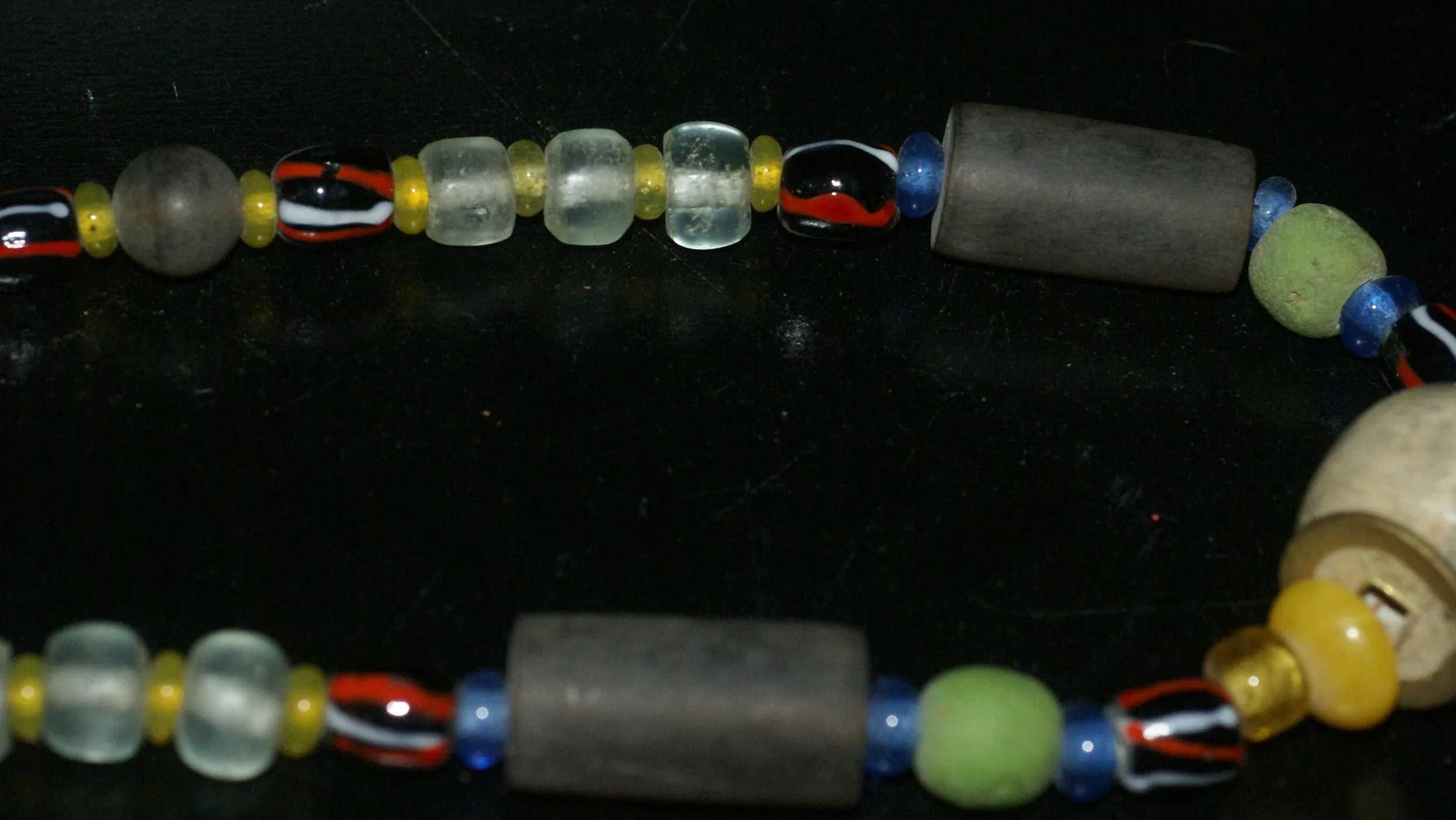 Old Rare Tribal Ethnic Dayak Iban Tribe Talisman Necklace: Antique Hand Crafted Magical Lukut Sekala , Glass, Pottery and Stone Beads, Amber beads, Chinese Coins, collected in 1980’s Borneo Aristocrat Owner, Indonesia. NB1