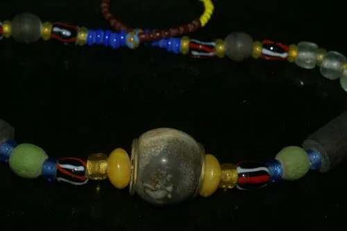 Old Rare Tribal Ethnic Dayak Iban Tribe Talisman Necklace: Antique Hand Crafted Magical Lukut Sekala , Glass, Pottery and Stone Beads, Amber beads, Chinese Coins, collected in 1980’s Borneo Aristocrat Owner, Indonesia. NB1