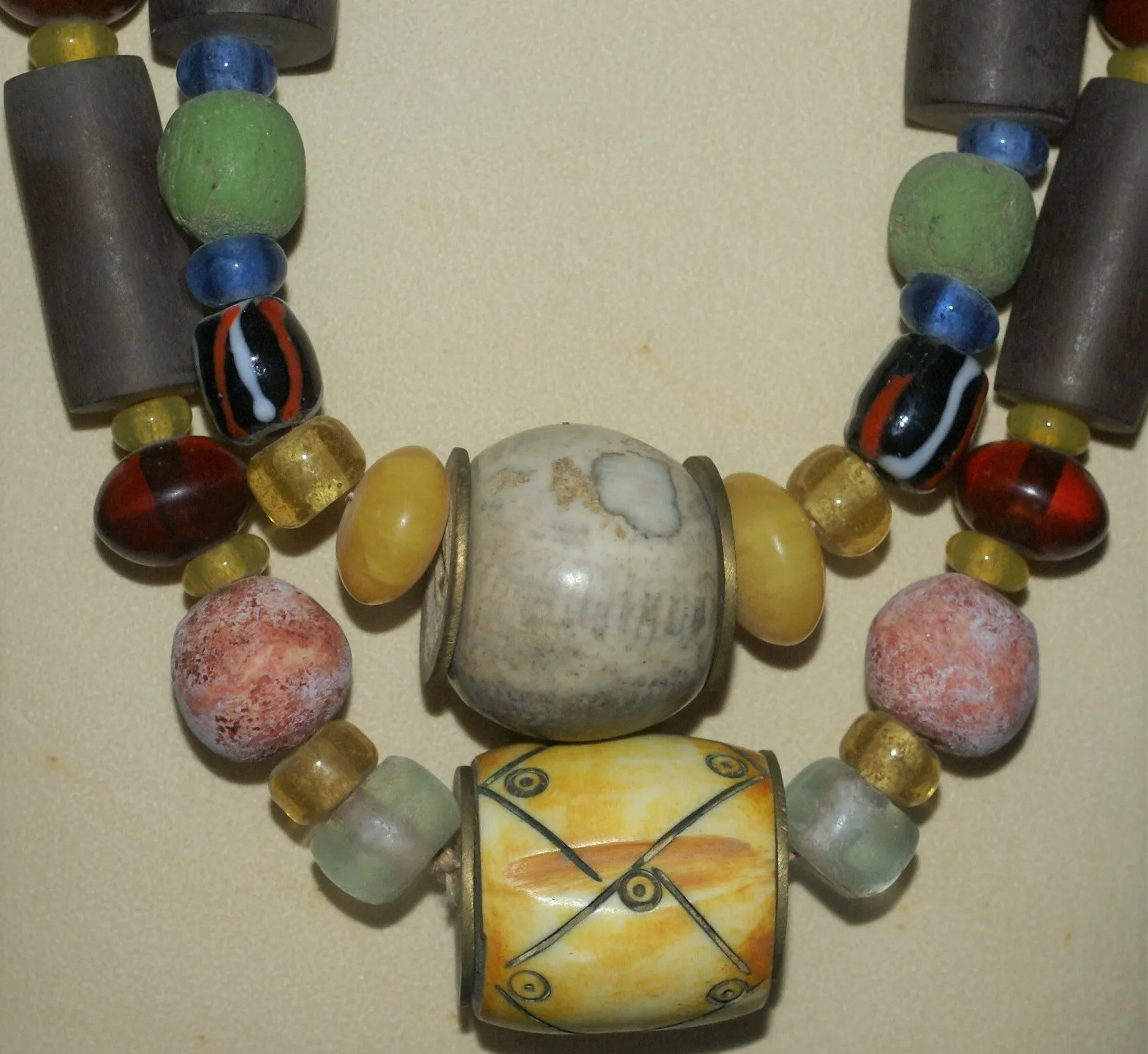 Old Rare Tribal Ethnic Dayak Iban Tribe Talisman Necklace: Antique Hand Crafted Magical Lukut Sekala , Glass, Pottery and Stone Beads, Amber beads, Chinese Coins, collected in 1980’s Borneo Aristocrat Owner, Indonesia. NB1