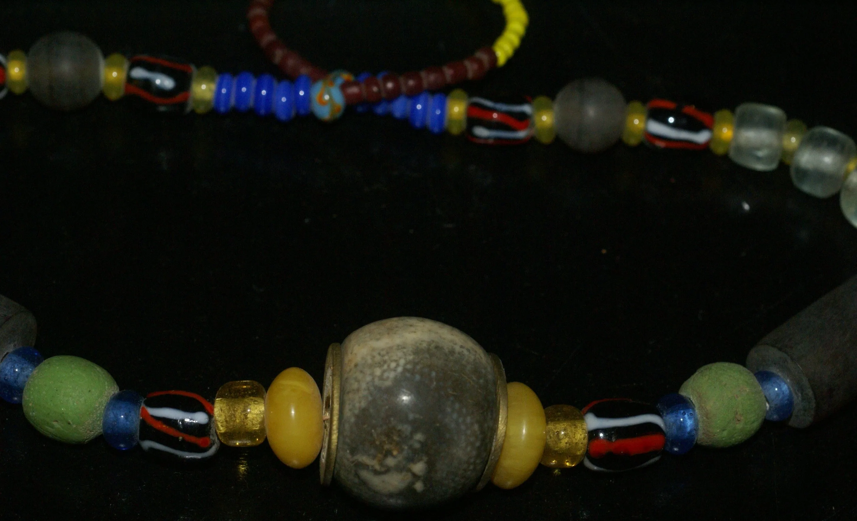Old Rare Tribal Ethnic Dayak Iban Tribe Talisman Necklace: Antique Hand Crafted Magical Lukut Sekala , Glass, Pottery and Stone Beads, Amber beads, Chinese Coins, collected in 1980’s Borneo Aristocrat Owner, Indonesia. NB1