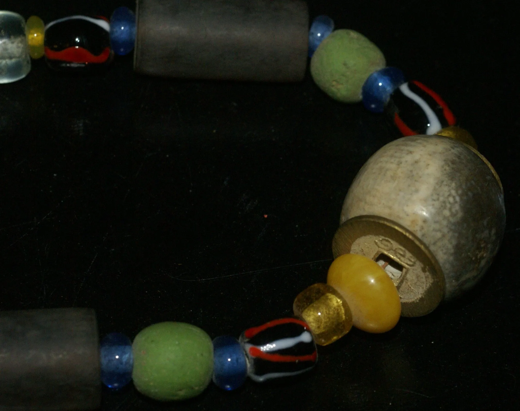 Old Rare Tribal Ethnic Dayak Iban Tribe Talisman Necklace: Antique Hand Crafted Magical Lukut Sekala , Glass, Pottery and Stone Beads, Amber beads, Chinese Coins, collected in 1980’s Borneo Aristocrat Owner, Indonesia. NB1