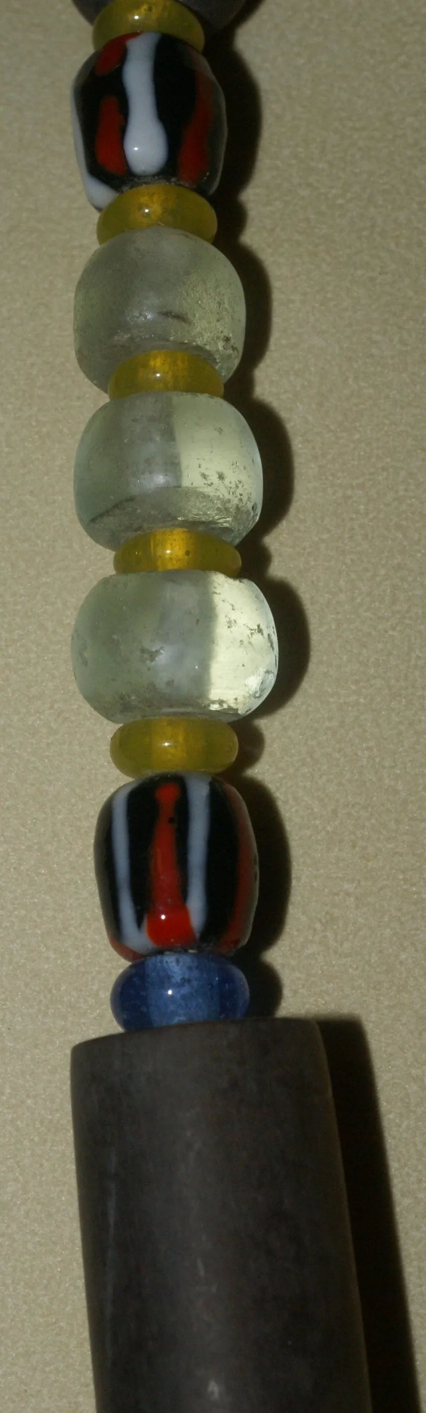 Old Rare Tribal Ethnic Dayak Iban Tribe Talisman Necklace: Antique Hand Crafted Magical Lukut Sekala , Glass, Pottery and Stone Beads, Amber beads, Chinese Coins, collected in 1980’s Borneo Aristocrat Owner, Indonesia. NB1