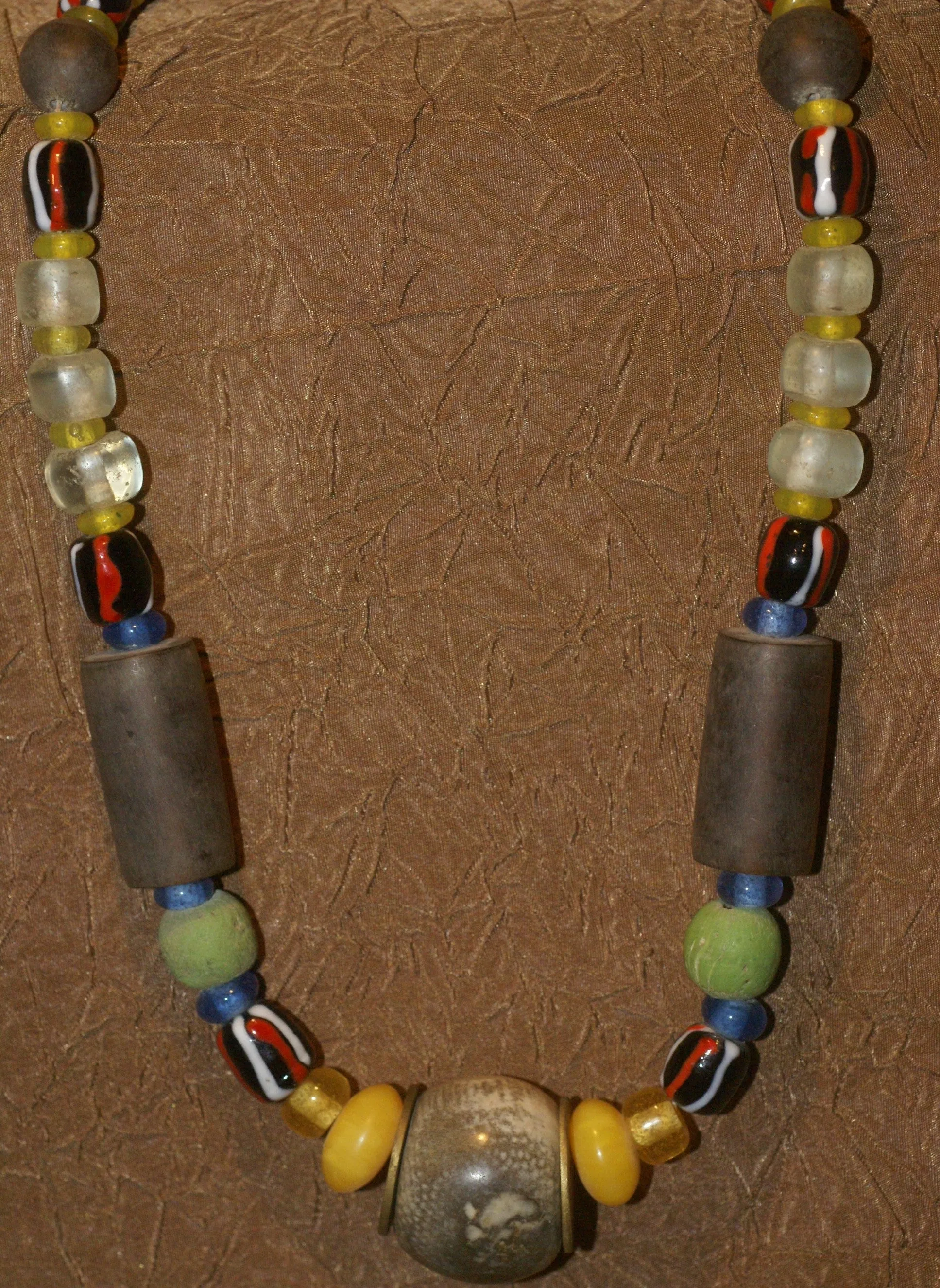 Old Rare Tribal Ethnic Dayak Iban Tribe Talisman Necklace: Antique Hand Crafted Magical Lukut Sekala , Glass, Pottery and Stone Beads, Amber beads, Chinese Coins, collected in 1980’s Borneo Aristocrat Owner, Indonesia. NB1