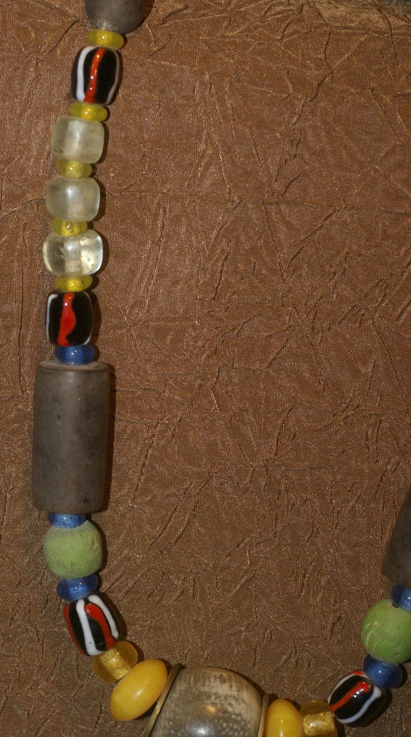 Old Rare Tribal Ethnic Dayak Iban Tribe Talisman Necklace: Antique Hand Crafted Magical Lukut Sekala , Glass, Pottery and Stone Beads, Amber beads, Chinese Coins, collected in 1980’s Borneo Aristocrat Owner, Indonesia. NB1