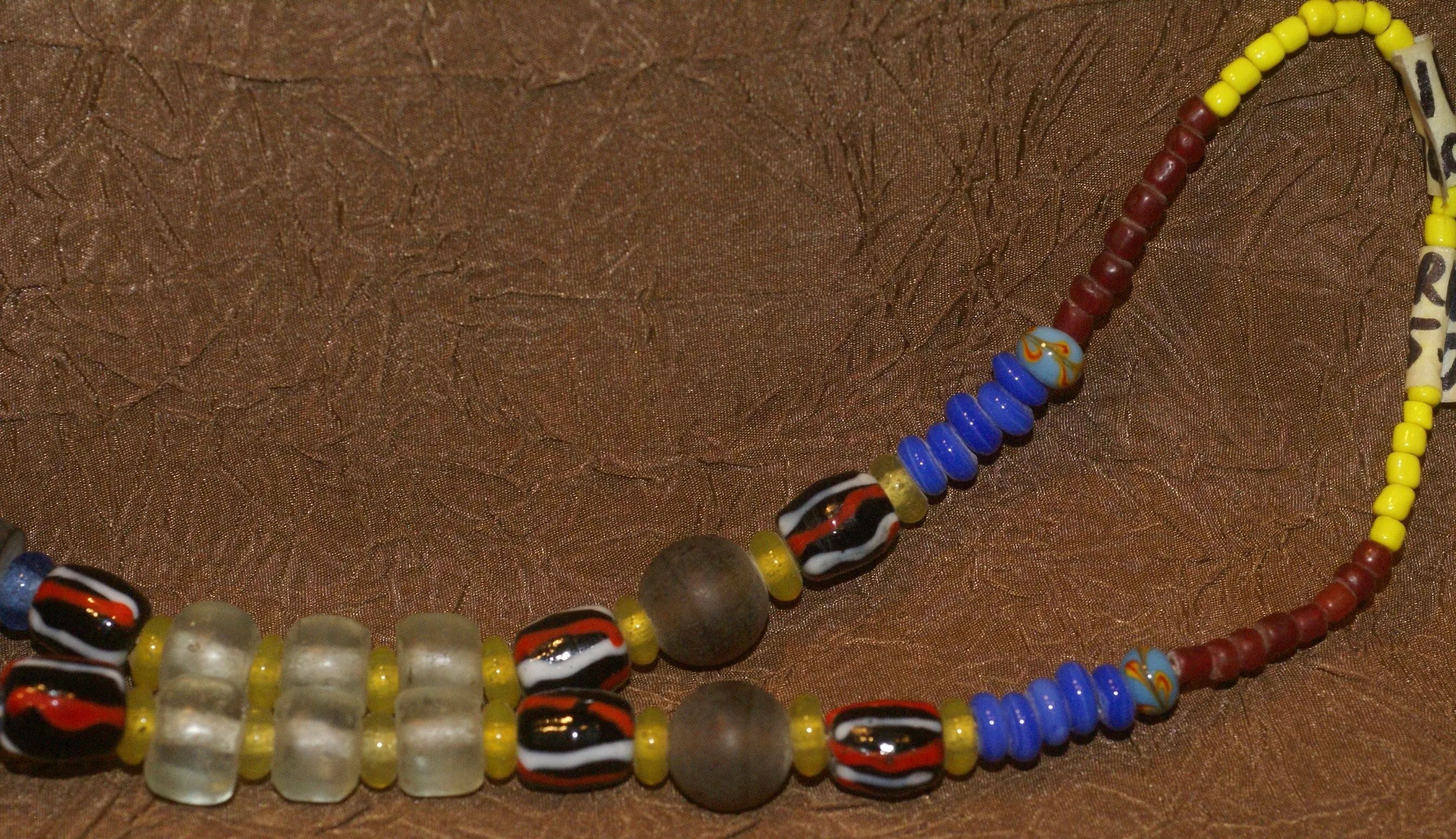 Old Rare Tribal Ethnic Dayak Iban Tribe Talisman Necklace: Antique Hand Crafted Magical Lukut Sekala , Glass, Pottery and Stone Beads, Amber beads, Chinese Coins, collected in 1980’s Borneo Aristocrat Owner, Indonesia. NB1