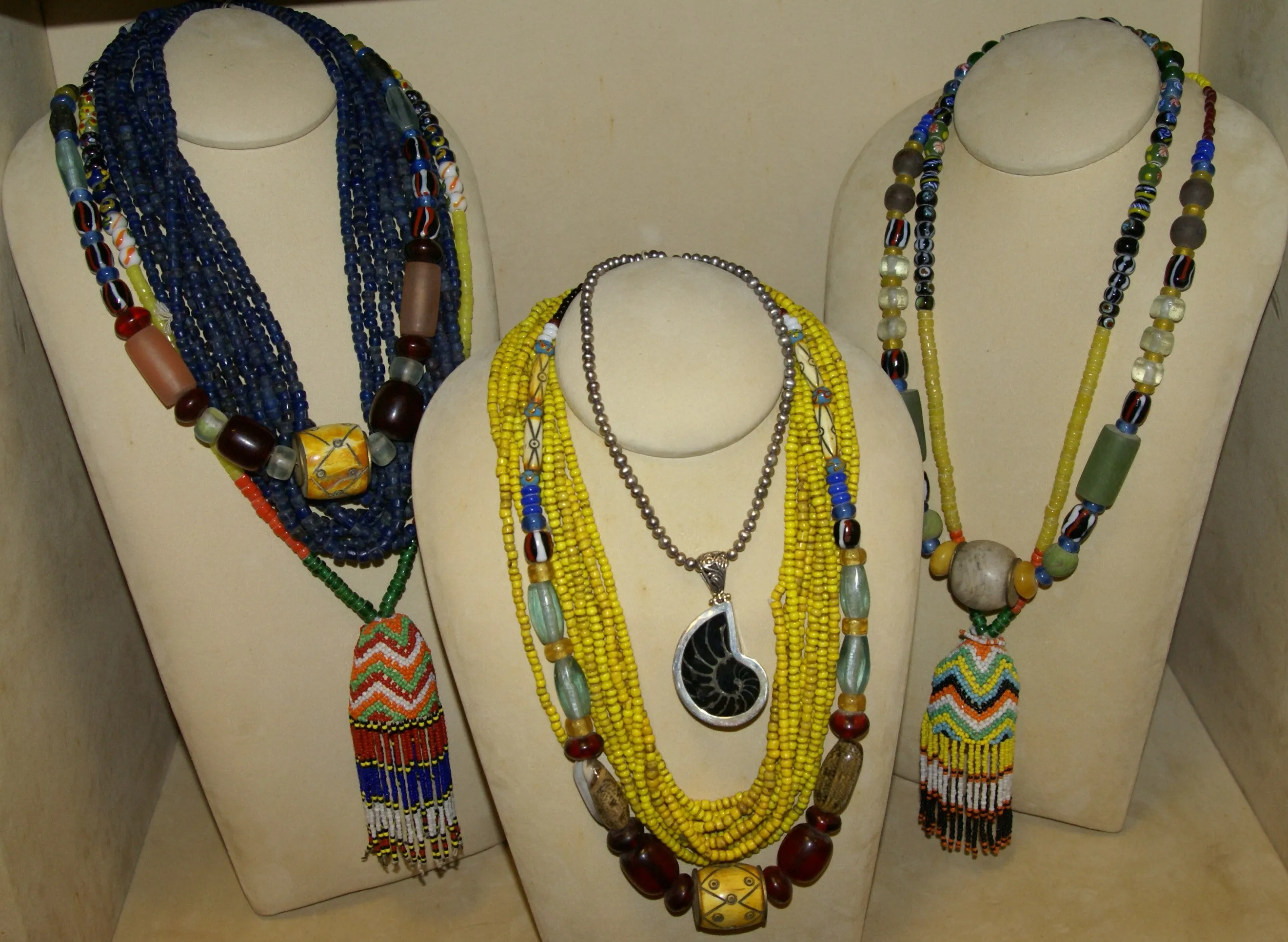Old Rare Tribal Ethnic Dayak Iban Tribe Talisman Necklace: Antique Hand Crafted Magical Lukut Sekala , Glass, Pottery and Stone Beads, Amber beads, Chinese Coins, collected in 1980’s Borneo Aristocrat Owner, Indonesia. NB1
