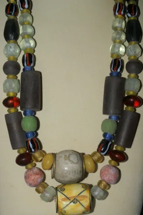 Old Rare Tribal Ethnic Dayak Iban Tribe Talisman Necklace: Antique Hand Crafted Magical Lukut Sekala , Glass, Pottery and Stone Beads, Amber beads, Chinese Coins, collected in 1980’s Borneo Aristocrat Owner, Indonesia. NB1
