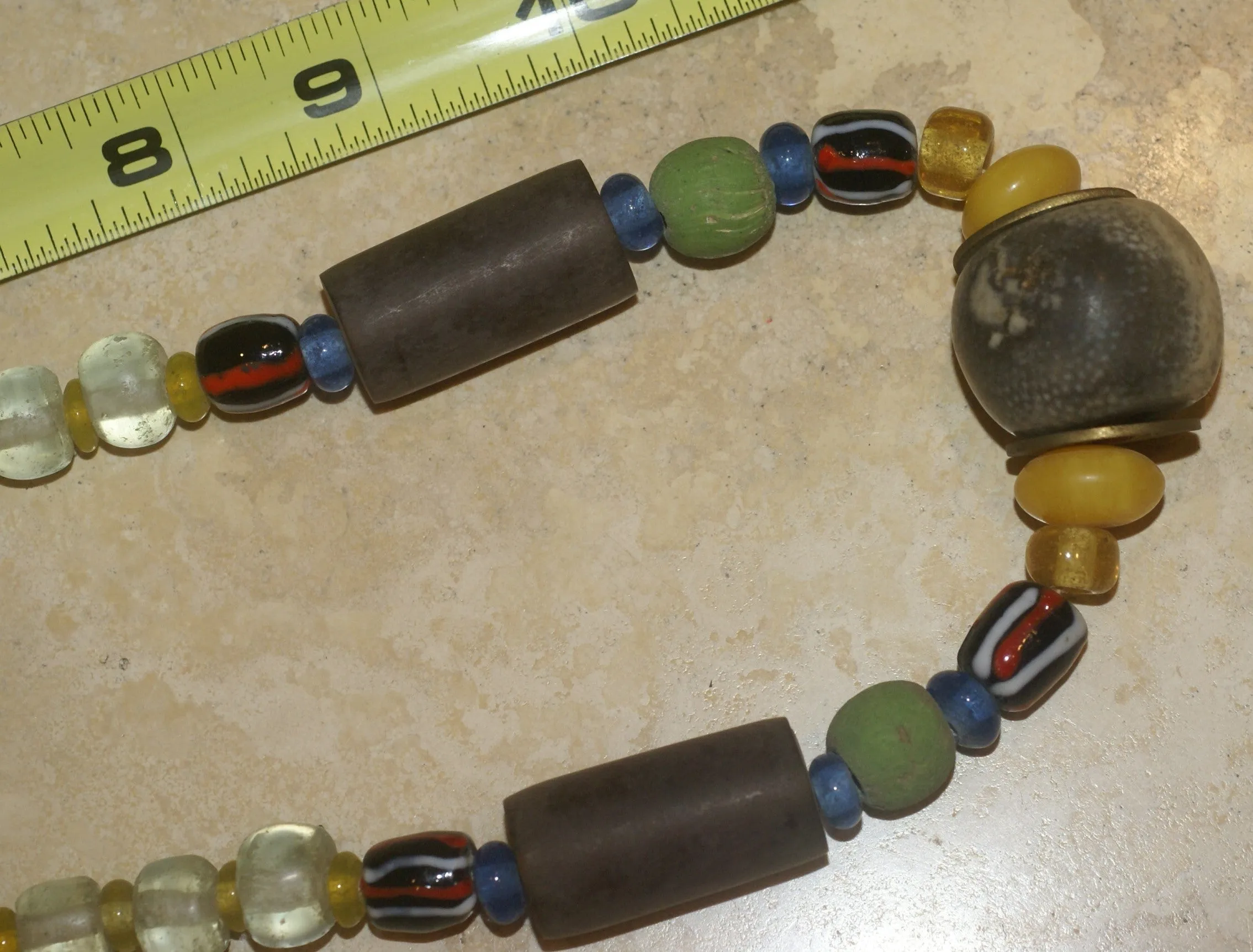 Old Rare Tribal Ethnic Dayak Iban Tribe Talisman Necklace: Antique Hand Crafted Magical Lukut Sekala , Glass, Pottery and Stone Beads, Amber beads, Chinese Coins, collected in 1980’s Borneo Aristocrat Owner, Indonesia. NB1