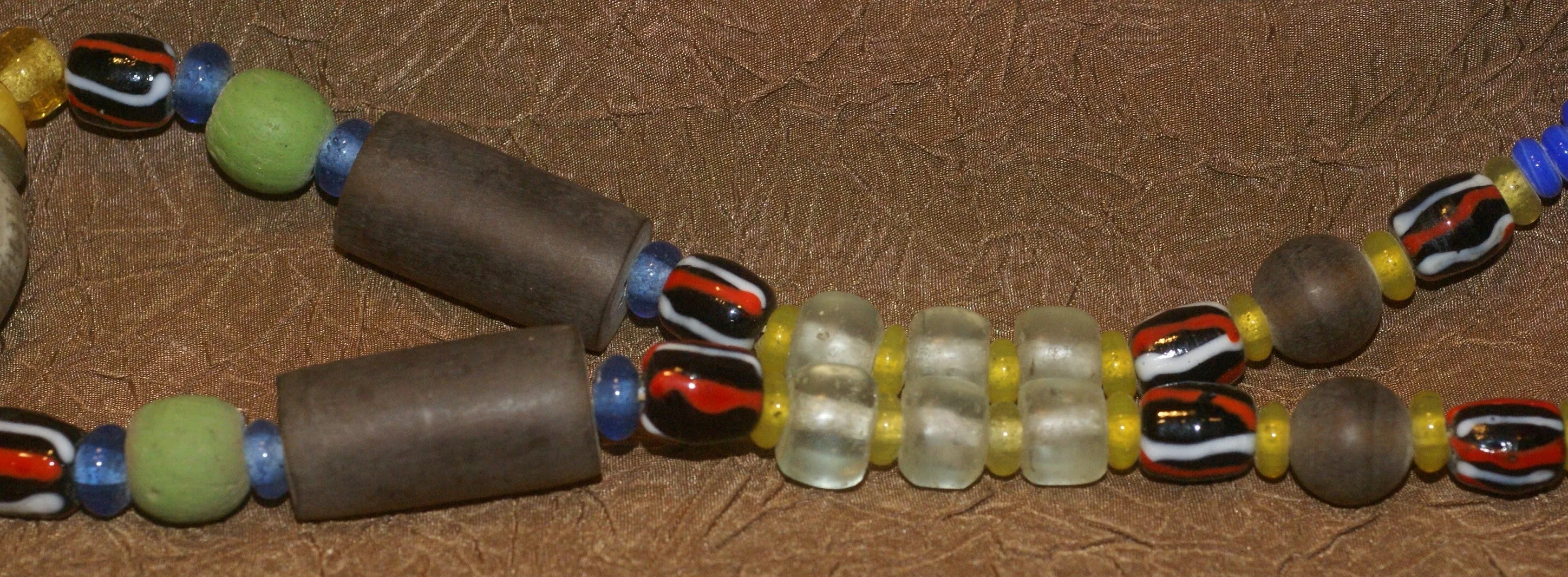 Old Rare Tribal Ethnic Dayak Iban Tribe Talisman Necklace: Antique Hand Crafted Magical Lukut Sekala , Glass, Pottery and Stone Beads, Amber beads, Chinese Coins, collected in 1980’s Borneo Aristocrat Owner, Indonesia. NB1