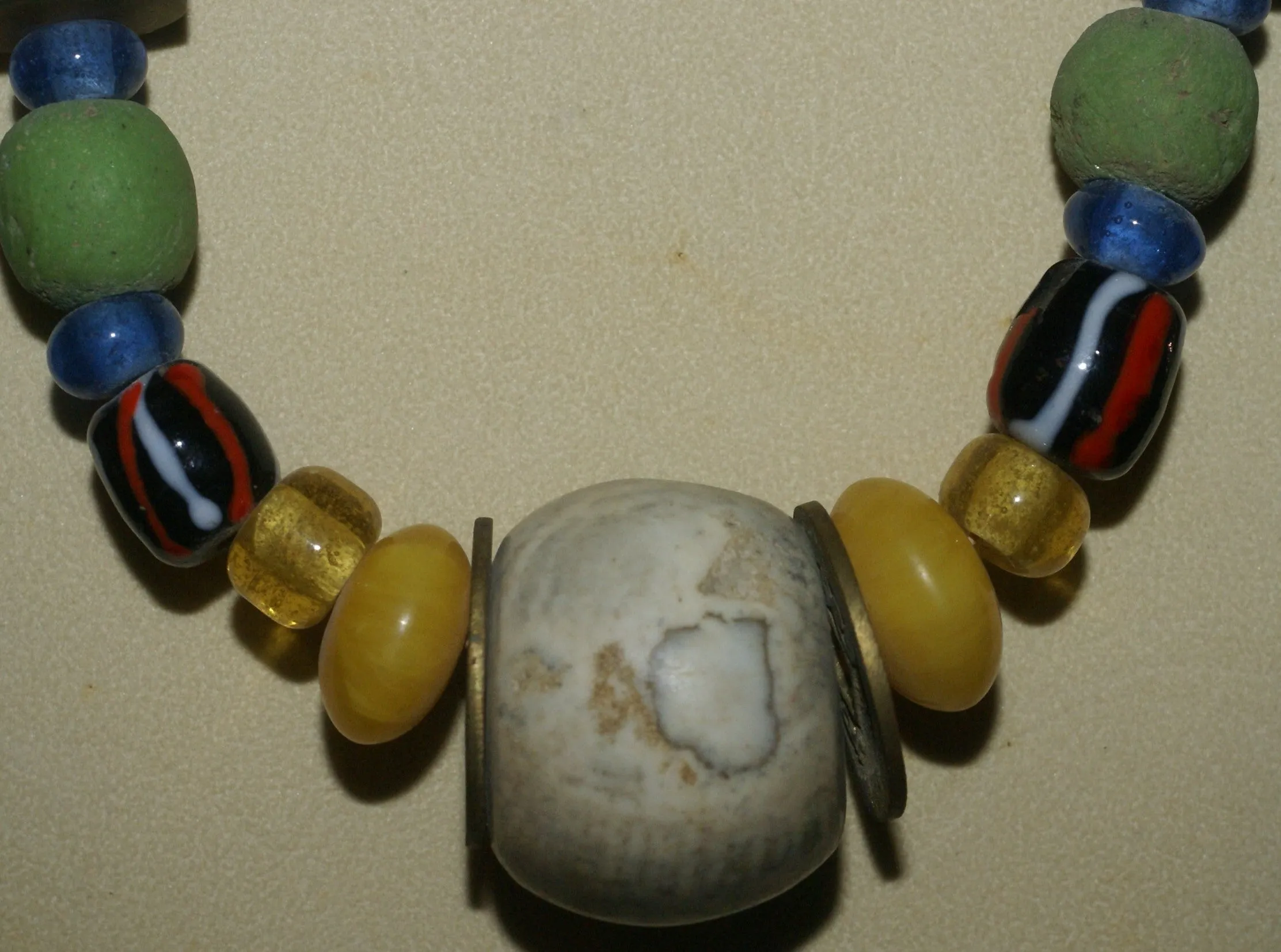 Old Rare Tribal Ethnic Dayak Iban Tribe Talisman Necklace: Antique Hand Crafted Magical Lukut Sekala , Glass, Pottery and Stone Beads, Amber beads, Chinese Coins, collected in 1980’s Borneo Aristocrat Owner, Indonesia. NB1