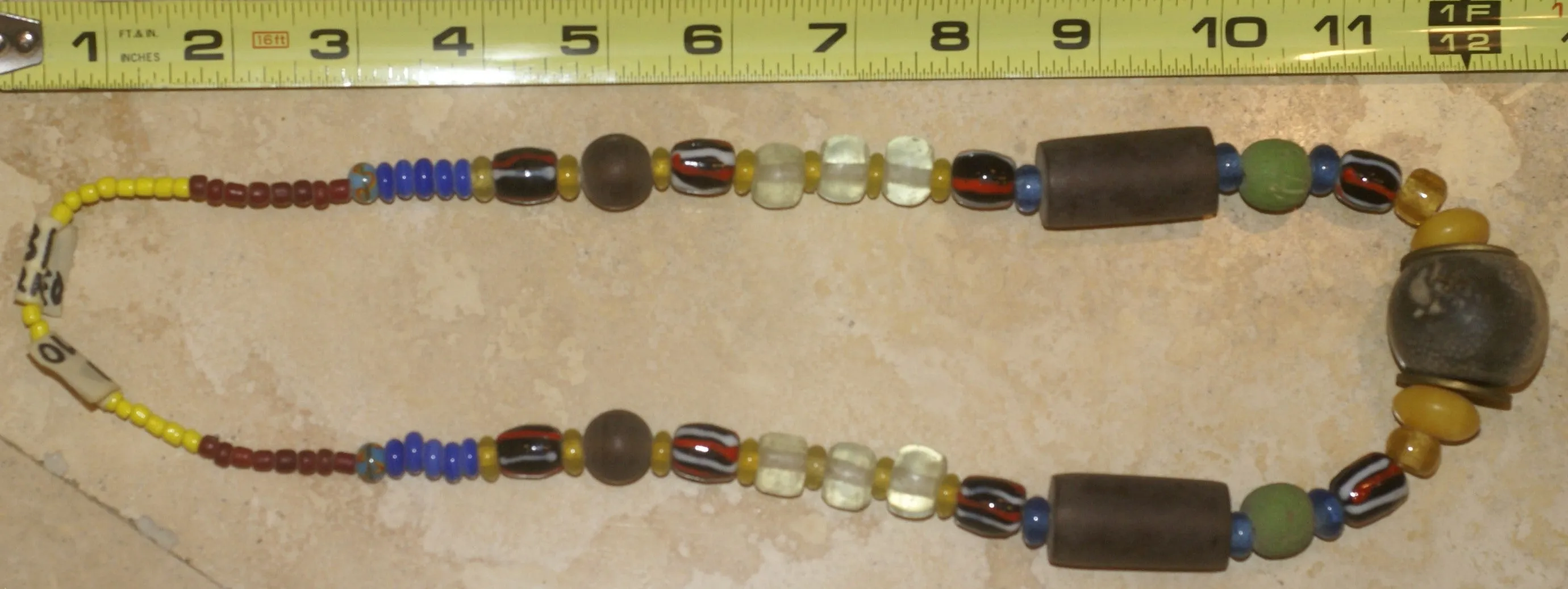 Old Rare Tribal Ethnic Dayak Iban Tribe Talisman Necklace: Antique Hand Crafted Magical Lukut Sekala , Glass, Pottery and Stone Beads, Amber beads, Chinese Coins, collected in 1980’s Borneo Aristocrat Owner, Indonesia. NB1