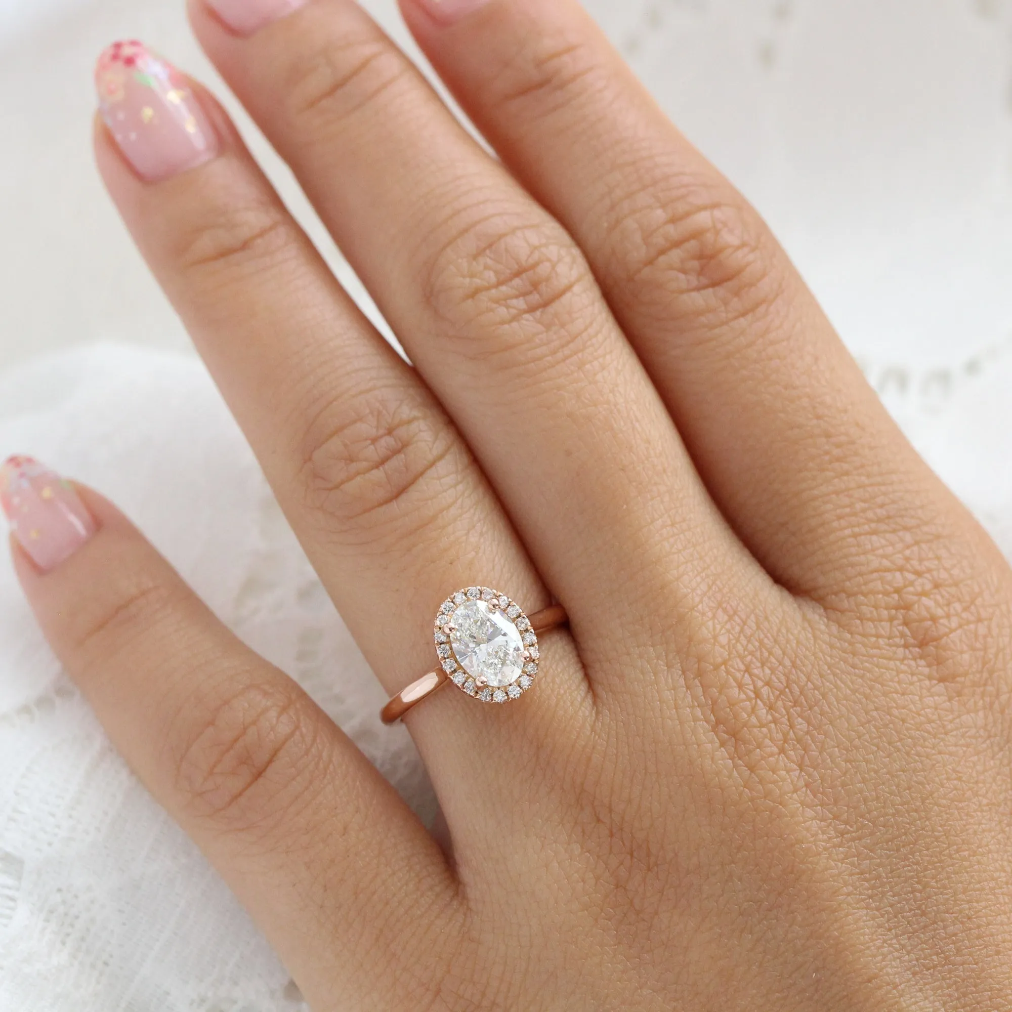Oval Lab Diamond Ring Plain Band w/ Natural Diamonds in Luna Halo Ring