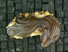 Paola Ferro  Antique Carved Brown Jade Mongoose Clasp/Pin With Rubies and Diamonds in 18K Yellow Gold