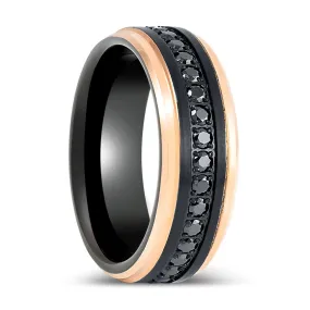 PASSINO | Black Tungsten Ring with Rose Gold Edges and Black CZ