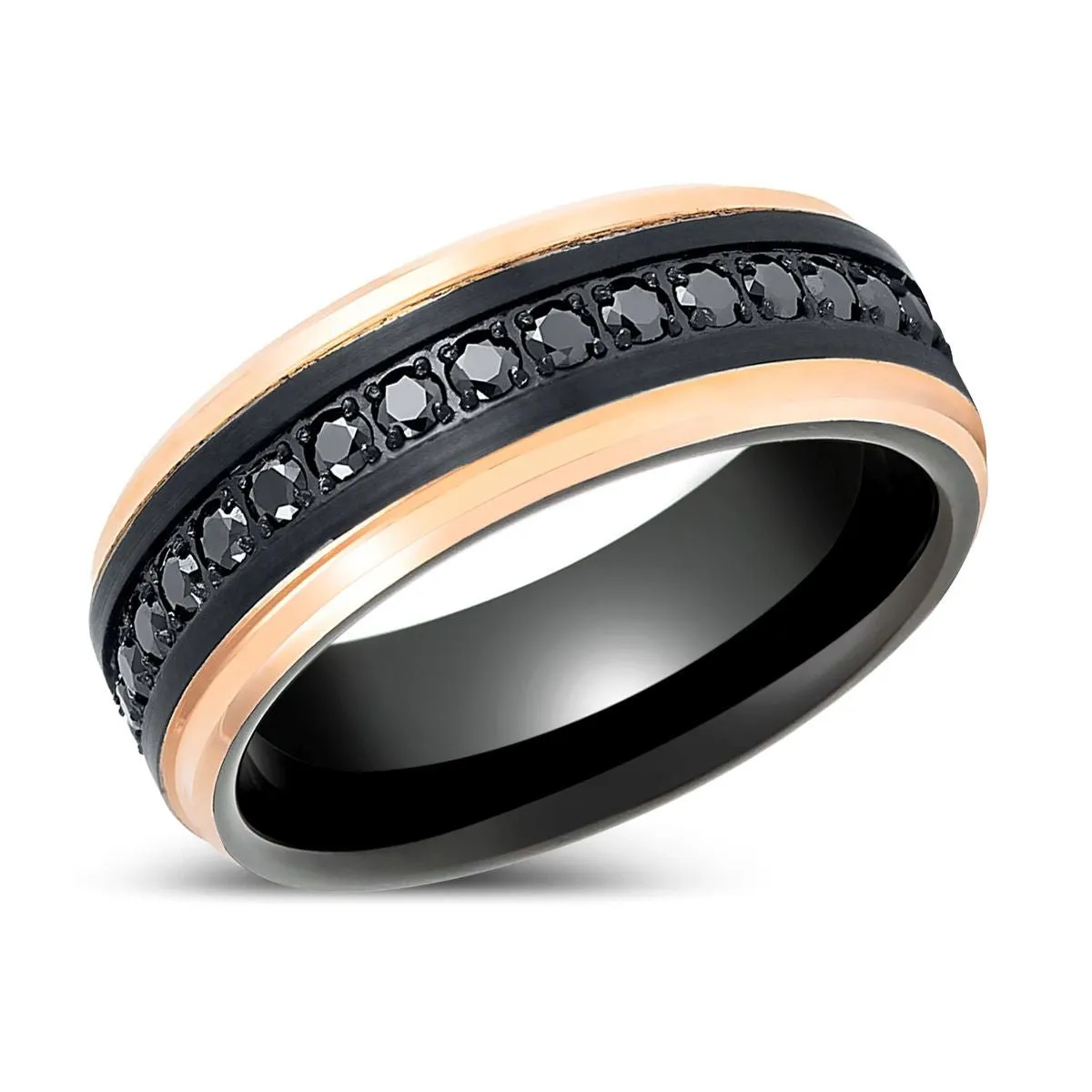 PASSINO | Black Tungsten Ring with Rose Gold Edges and Black CZ