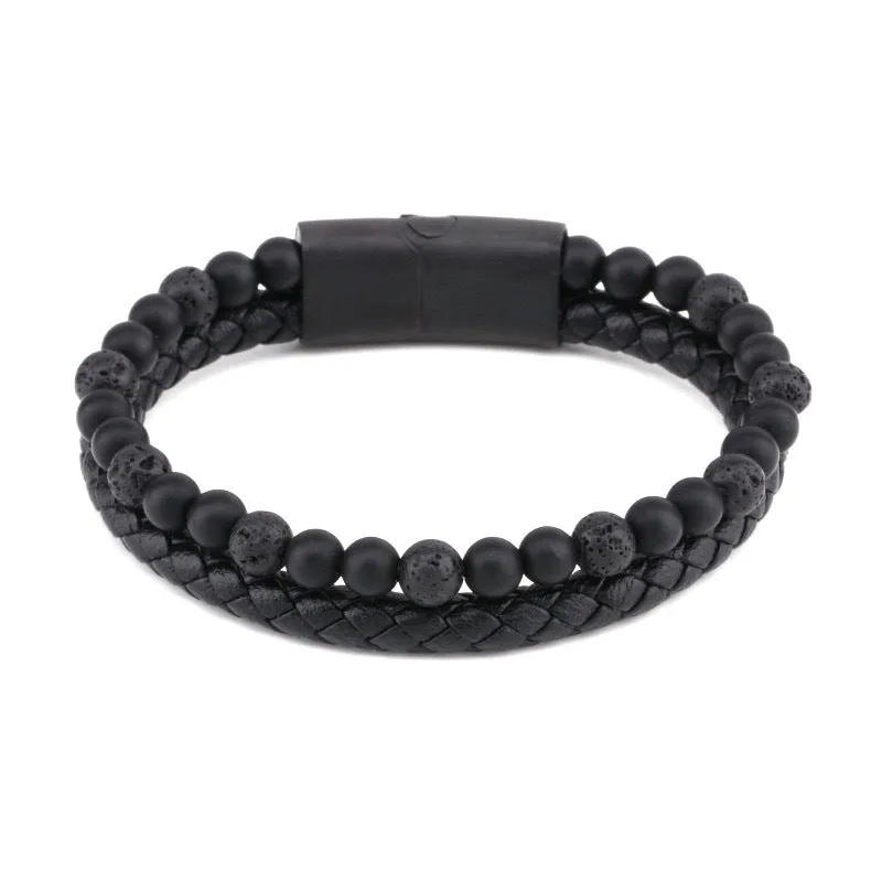 Personalized Volcanic Natural Stone Agate Tiger Eye Bracelet Stainless Steel Beaded Leather Rope Men's and Women's Bracelet