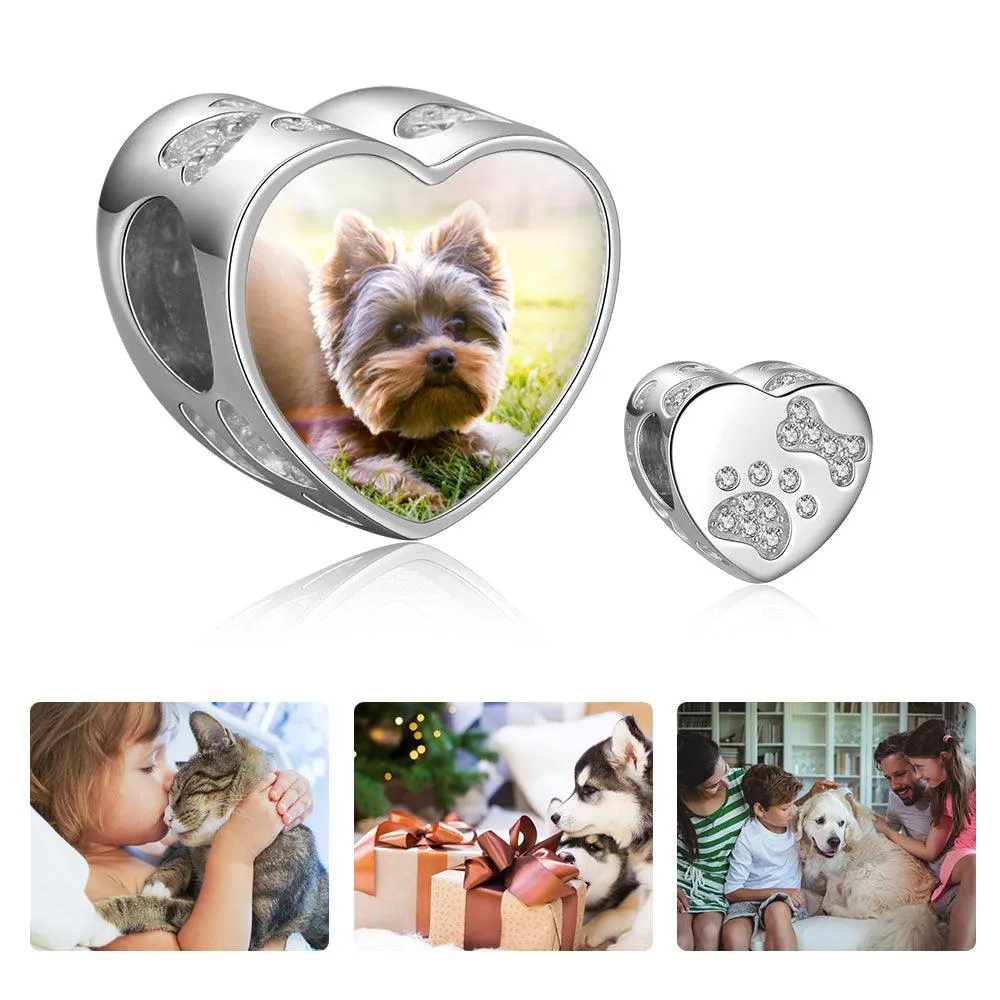 Photo Heart Beads Charm Bracelet, Personalized Pet Paw & Bone Designs with Cubic Zirconia Stones, Jewelry Gift for Women