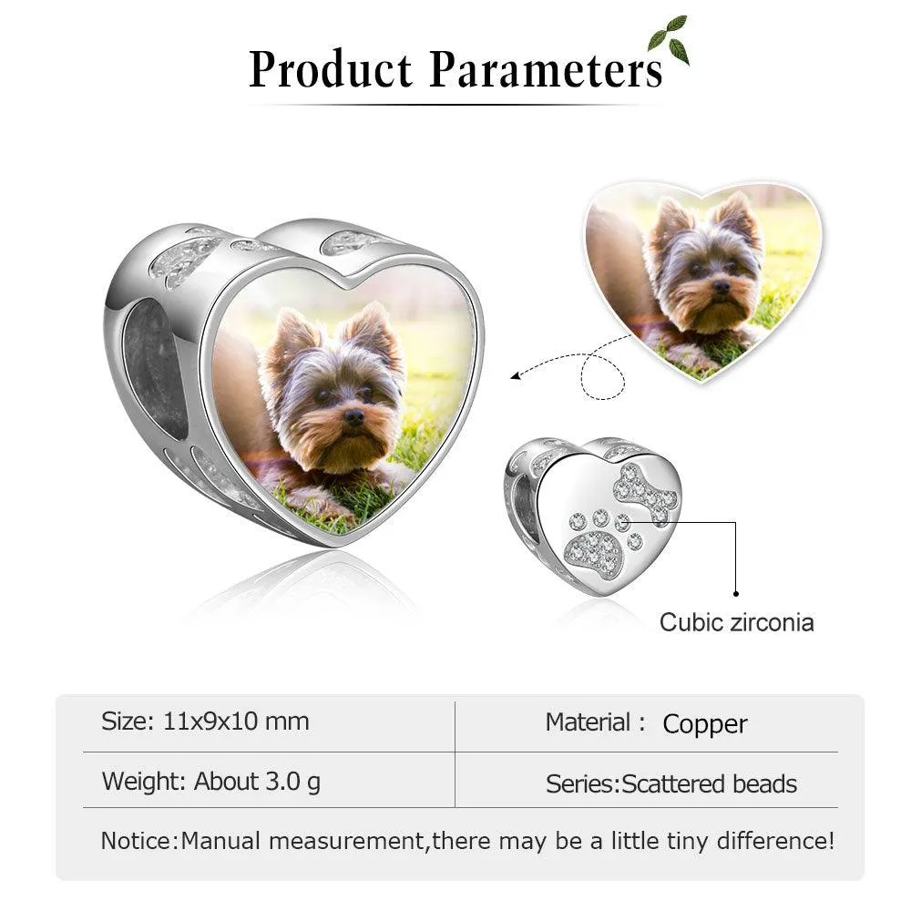 Photo Heart Beads Charm Bracelet, Personalized Pet Paw & Bone Designs with Cubic Zirconia Stones, Jewelry Gift for Women