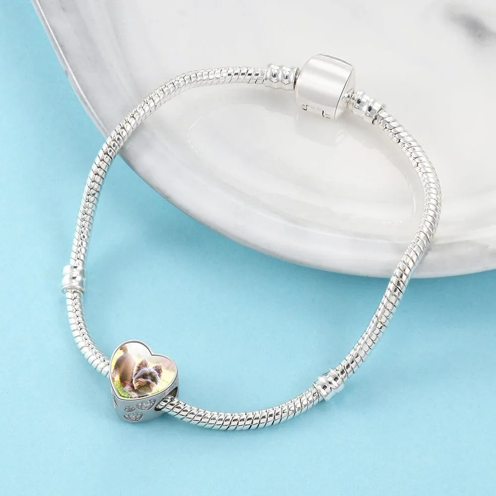 Photo Heart Beads Charm Bracelet, Personalized Pet Paw & Bone Designs with Cubic Zirconia Stones, Jewelry Gift for Women