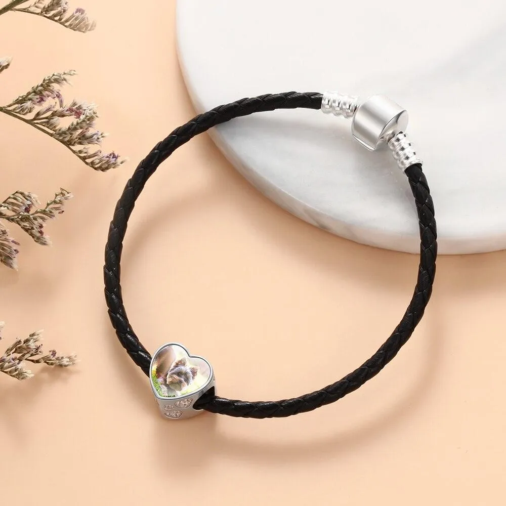 Photo Heart Beads Charm Bracelet, Personalized Pet Paw & Bone Designs with Cubic Zirconia Stones, Jewelry Gift for Women