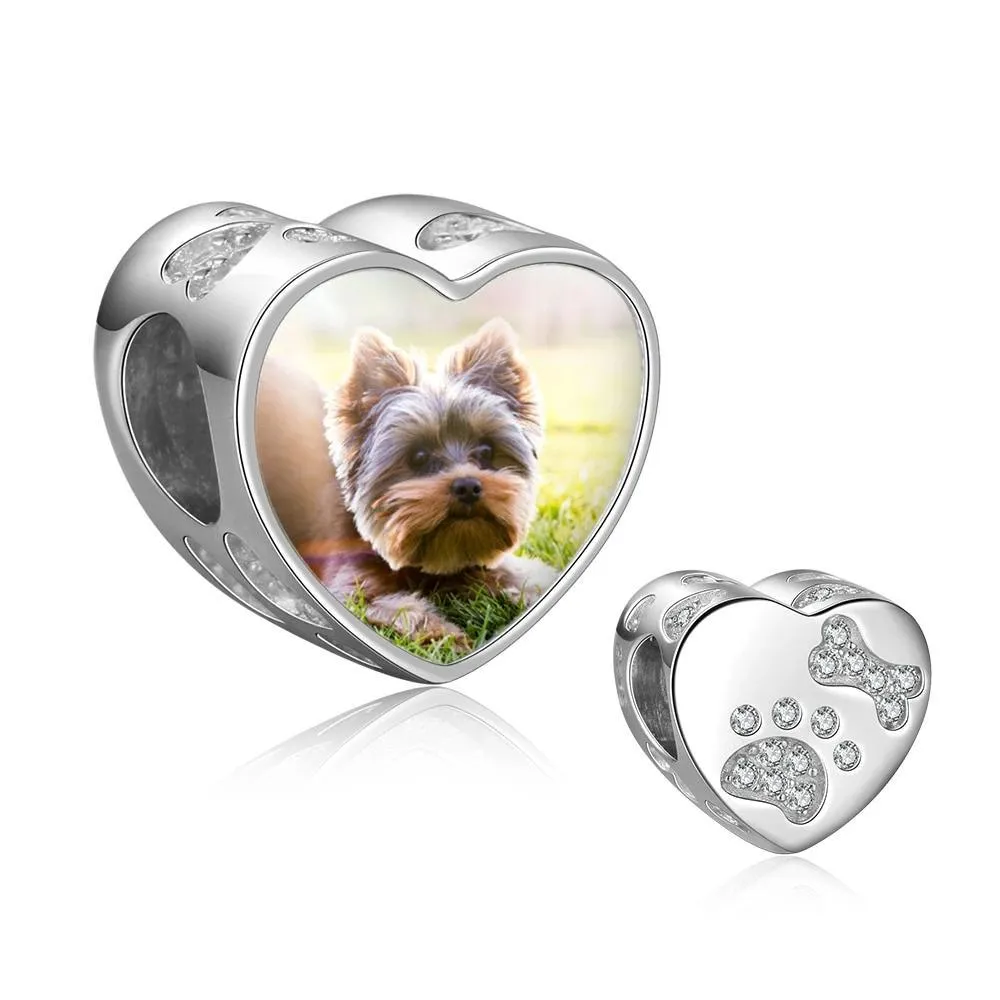 Photo Heart Beads Charm Bracelet, Personalized Pet Paw & Bone Designs with Cubic Zirconia Stones, Jewelry Gift for Women