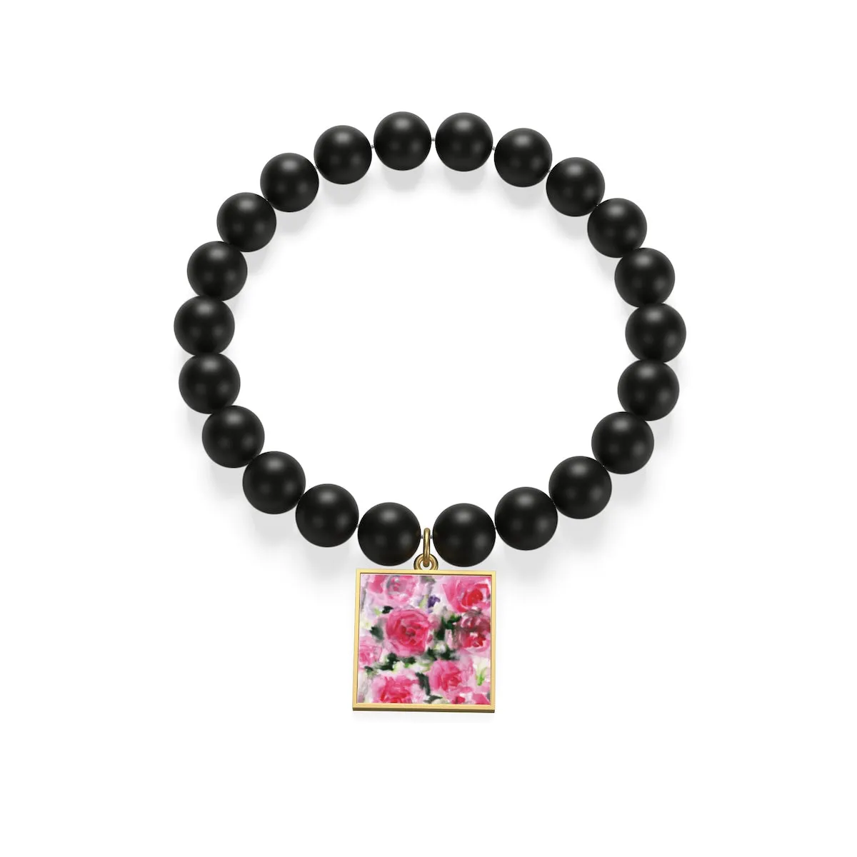 Pink Floral Rose Print Women's Elastic Silver/Gold Plated Matte Onyx Bracelet-Made in USA