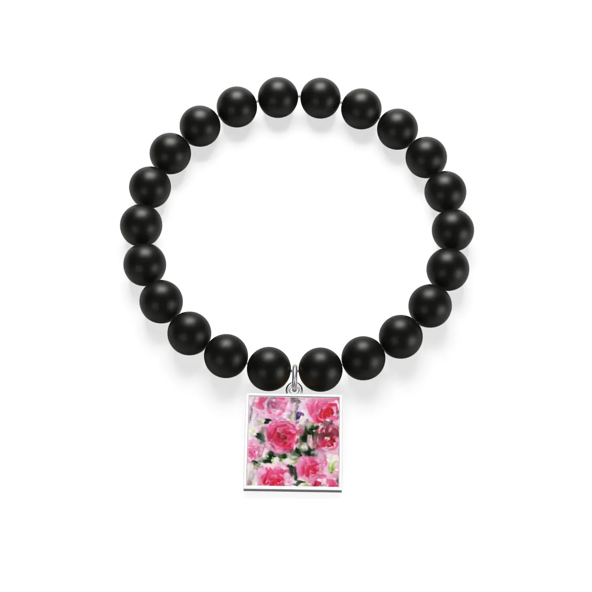Pink Floral Rose Print Women's Elastic Silver/Gold Plated Matte Onyx Bracelet-Made in USA