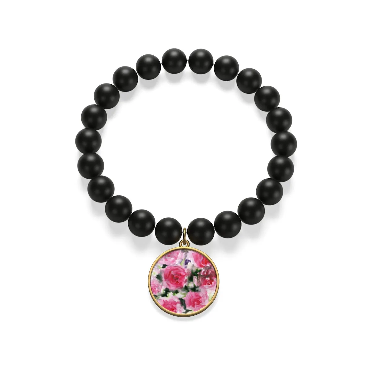 Pink Floral Rose Print Women's Elastic Silver/Gold Plated Matte Onyx Bracelet-Made in USA