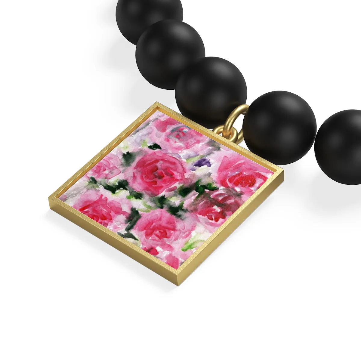 Pink Floral Rose Print Women's Elastic Silver/Gold Plated Matte Onyx Bracelet-Made in USA