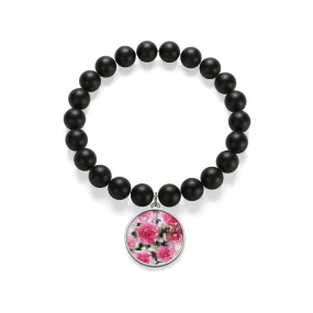 Pink Floral Rose Print Women's Elastic Silver/Gold Plated Matte Onyx Bracelet-Made in USA