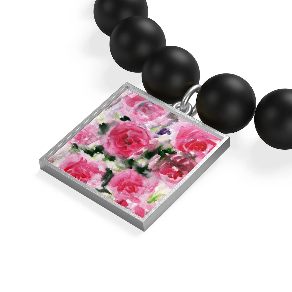 Pink Floral Rose Print Women's Elastic Silver/Gold Plated Matte Onyx Bracelet-Made in USA