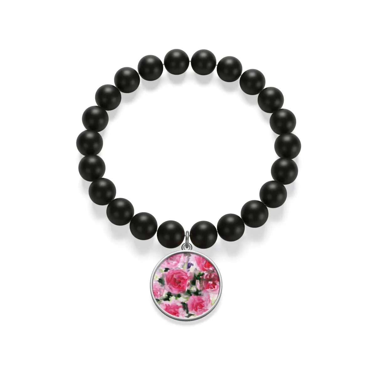 Pink Floral Rose Print Women's Elastic Silver/Gold Plated Matte Onyx Bracelet-Made in USA