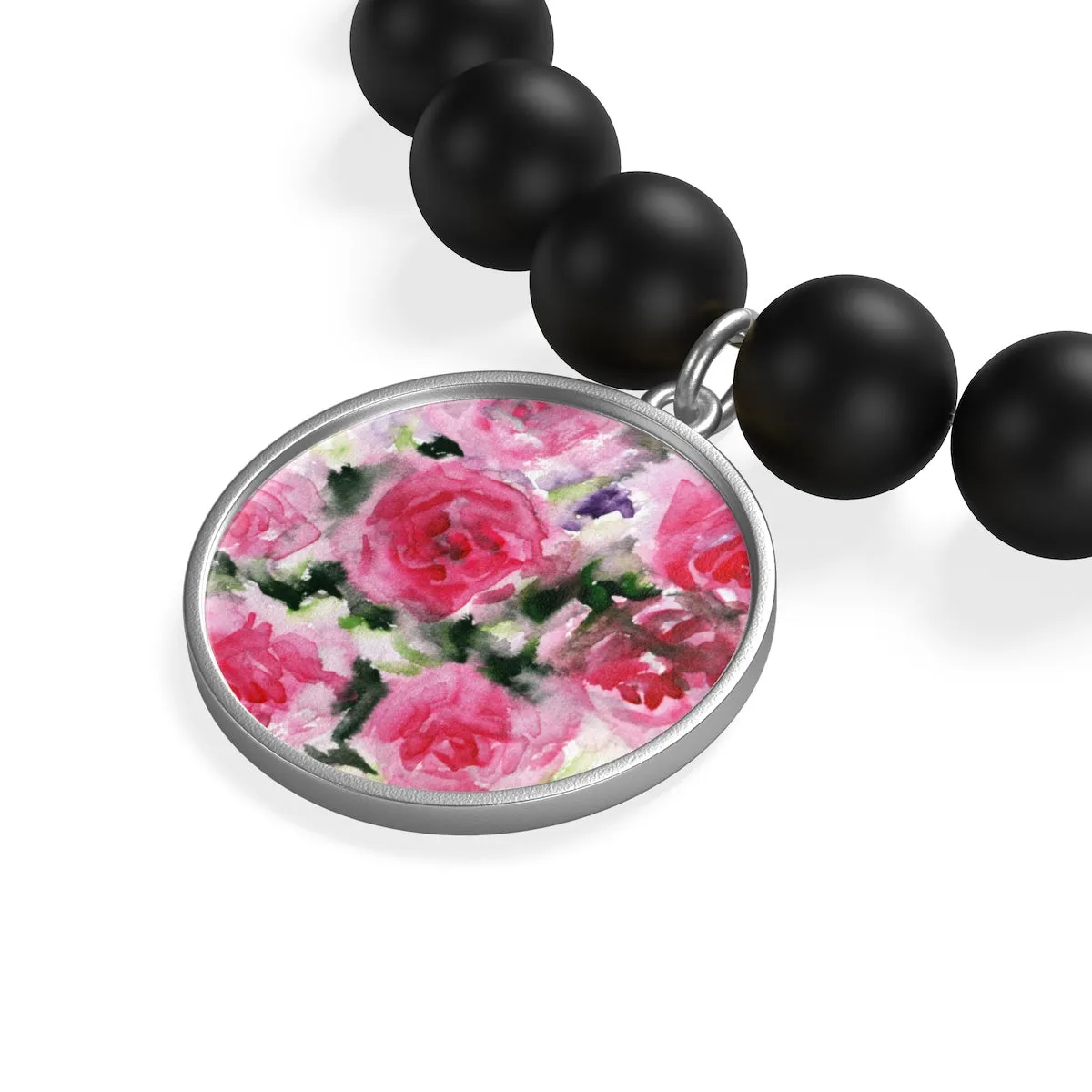 Pink Floral Rose Print Women's Elastic Silver/Gold Plated Matte Onyx Bracelet-Made in USA