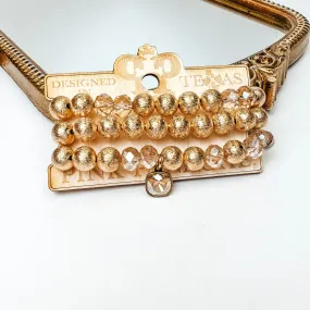 Pink Panache | Gold Tone and Crystal Beaded Bracelet Set  With Cushion Cut Crystal in Champagne Gold