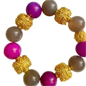 Purple Sugilite & Grey Onyx Gemstones 18k Gold Bali Statement Bracelet