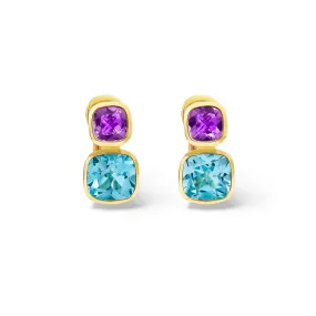 Qin & Han Earrings 18ct Yellow Gold - Amethyst & Blue Topaz