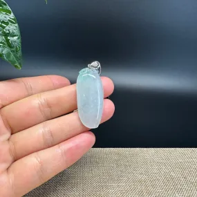 "Good Luck Button" Icy Green Jadeite Jade Shou Tao Pendant With 18K White Gold Bail