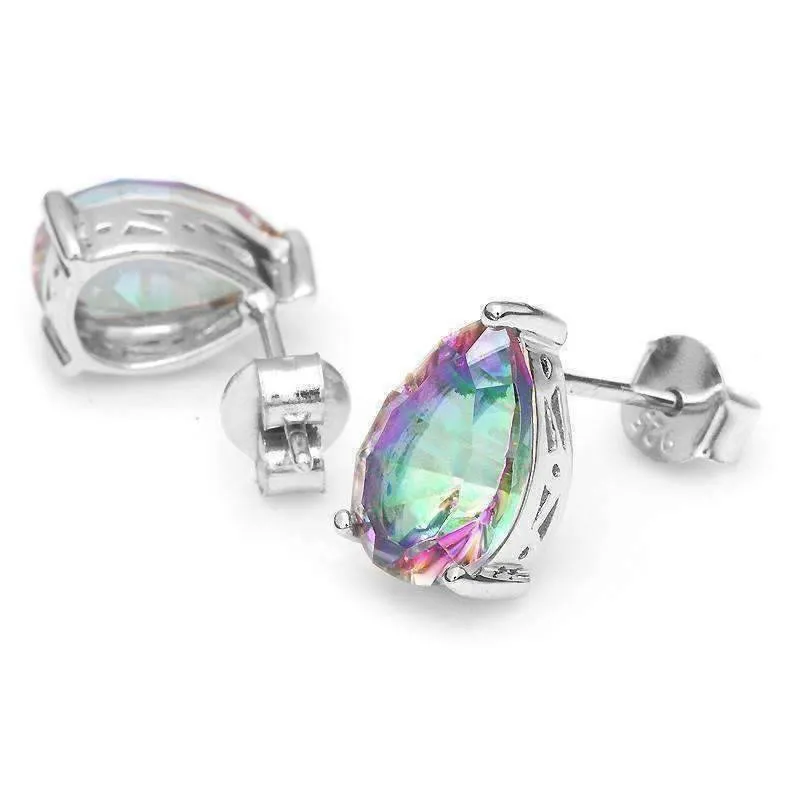 Rainbow Fire Genuine Mystic Topaz Pear Cut 3.8CT IOBI Precious Gems Stud Earrings
